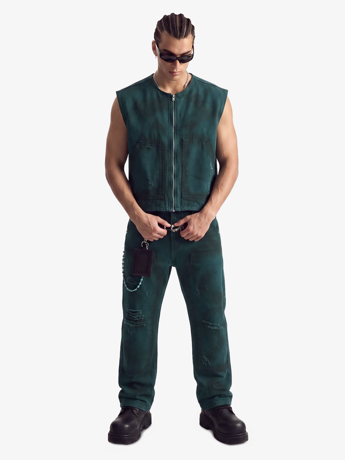 Airbrush Print Sleeveless Vest & Straight Leg Jeans Set clothing set — denim, Loose, Unisex | Pheuw®