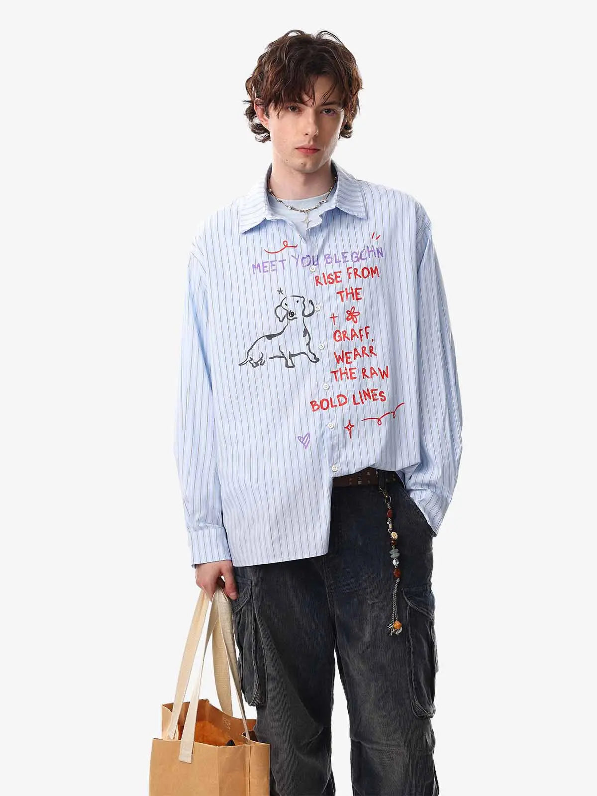Fun Graffiti Striped Graphic Button-Up Shirt polo — Loose, Unisex | Pheuw®