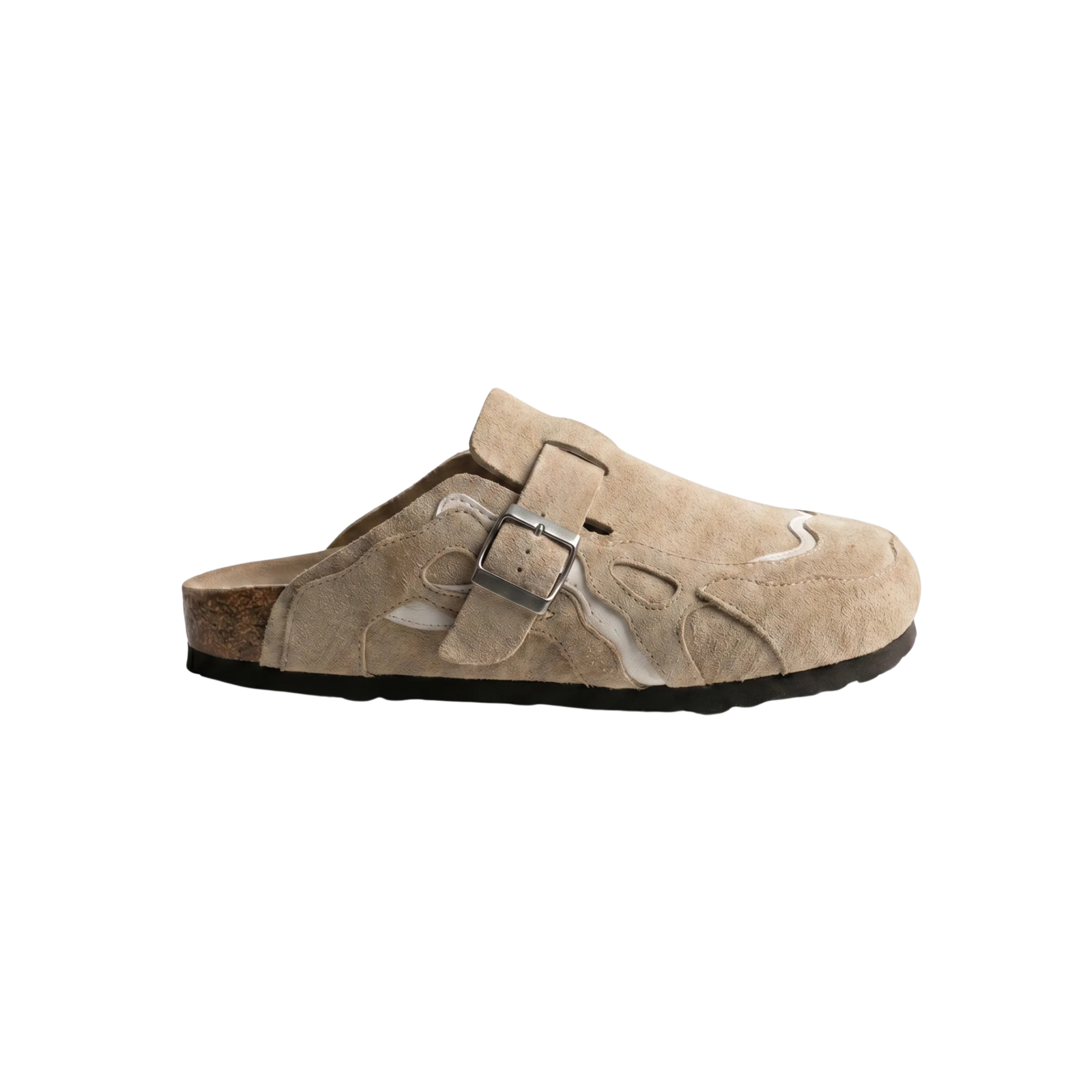 Wavey Clogs in beige suede with ivory wavy overlays and silver buckle
