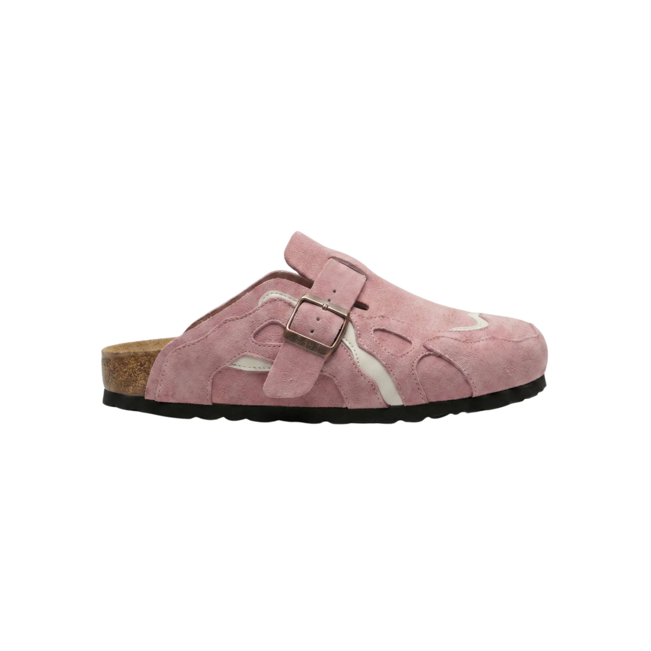 Wavey Clogs in pink suede with ivory wavy overlays and rose-gold buckle
