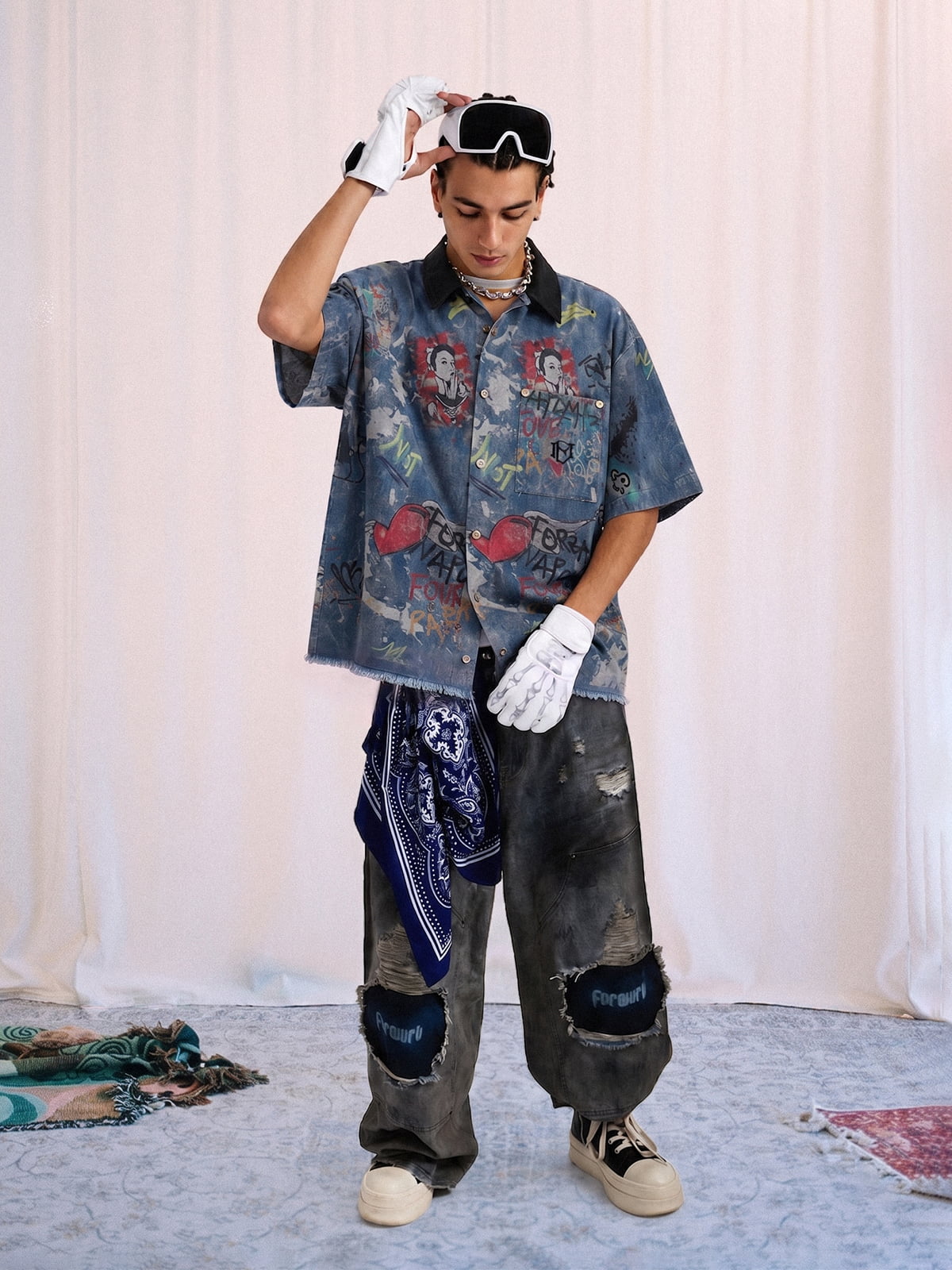 Tie-Dye Denim Graffiti Polo T-Shirt