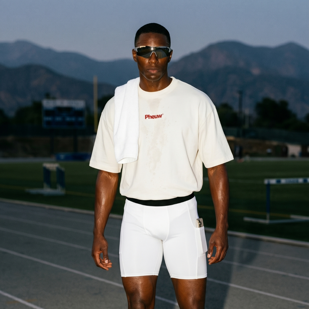 Person wearing a white t-shirt and shorts on a track with mountains in the background