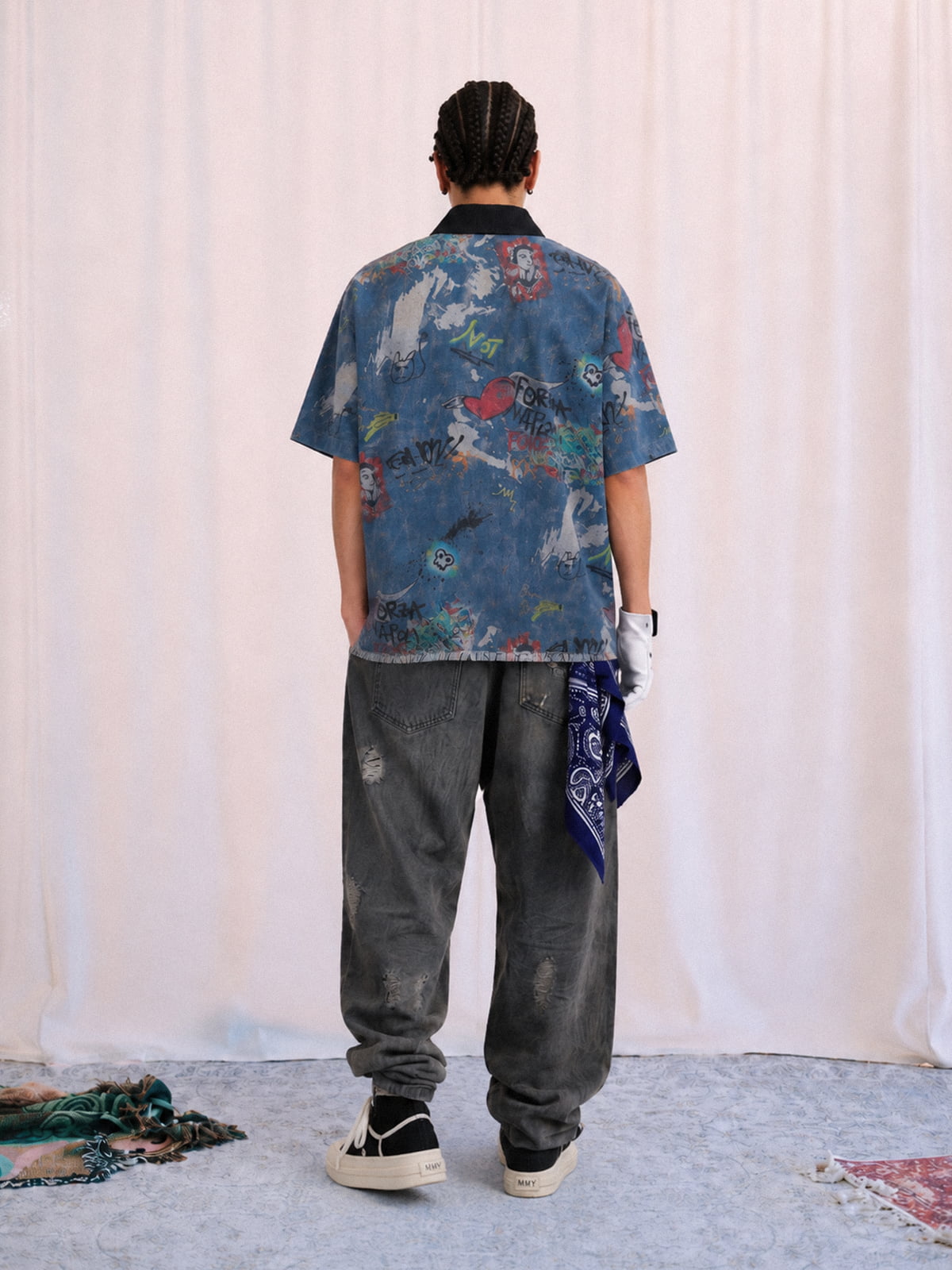 Tie-Dye Denim Graffiti Polo T-Shirt