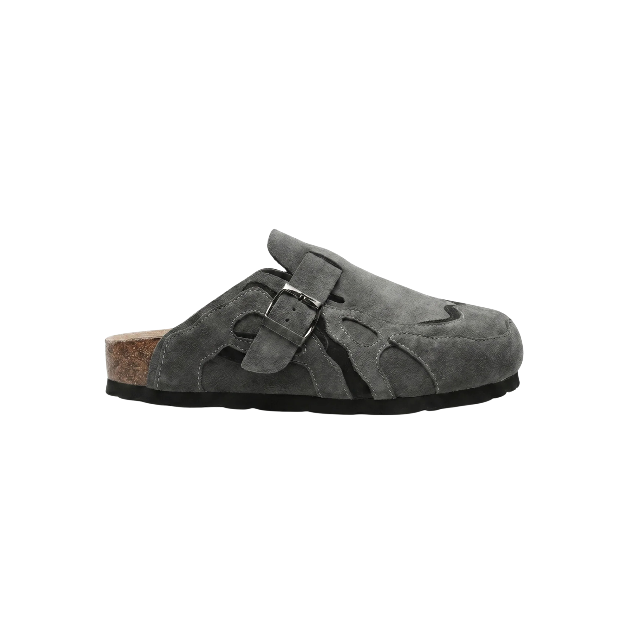 Wavey Clogs in slate grey suede with tonal wavy overlays and silver buckle