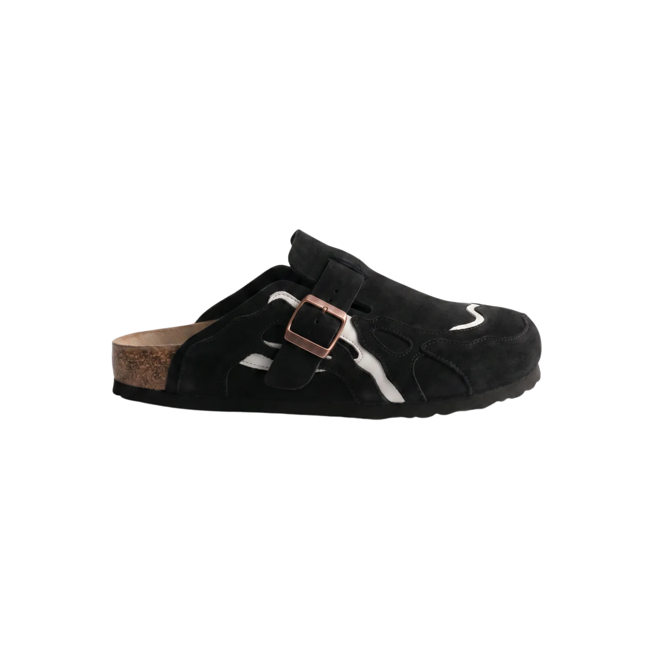 Wavey Clogs in black suede with ivory wavy overlays and rose-gold buckle