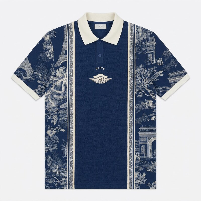Navy blue and cream polo shirt featuring French Toile de Jouy architectural side panels, a centralized winged crest, and a prominent white collar.