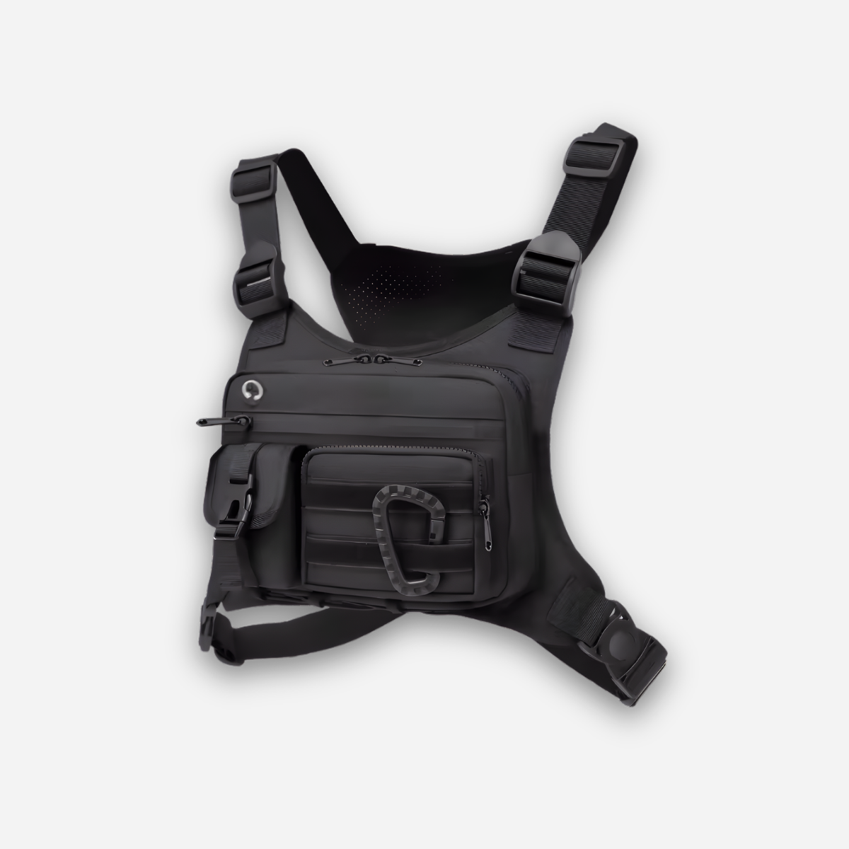 Black tactical chest harness on a white background
