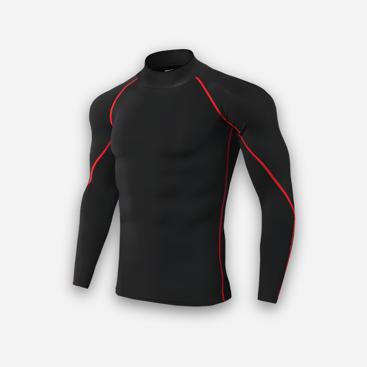 Black long-sleeve athletic shirt with red accents on a white background