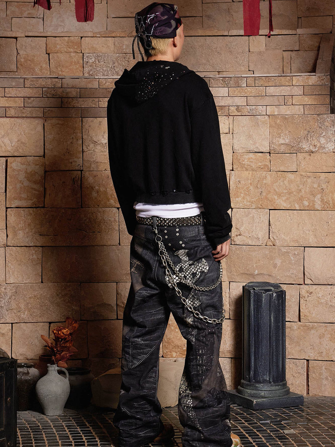 Rhinestone zip hoodie back view — washed black fleece