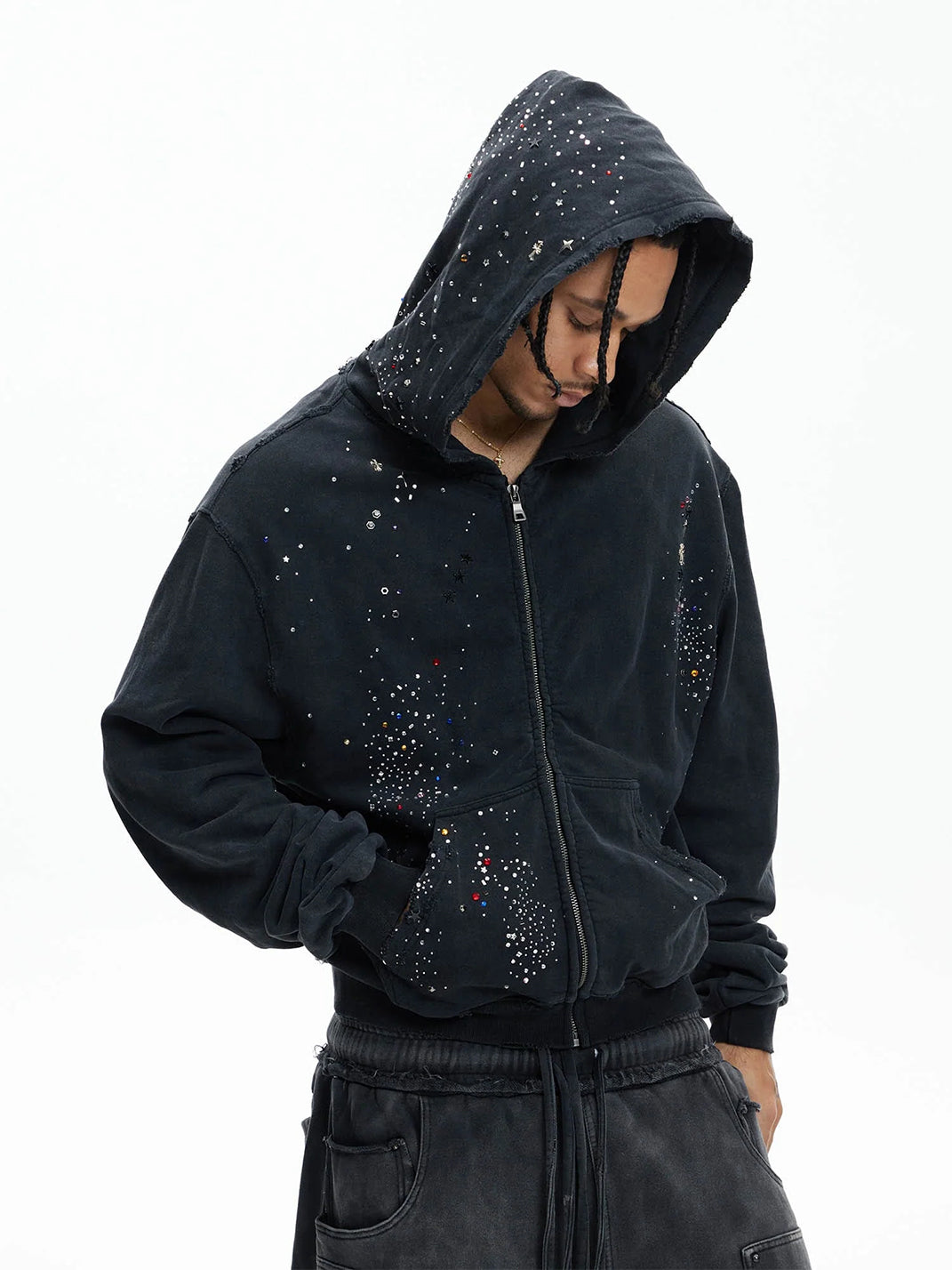 Mens black rhinestone zip hoodie — side view, distressed washed fleece