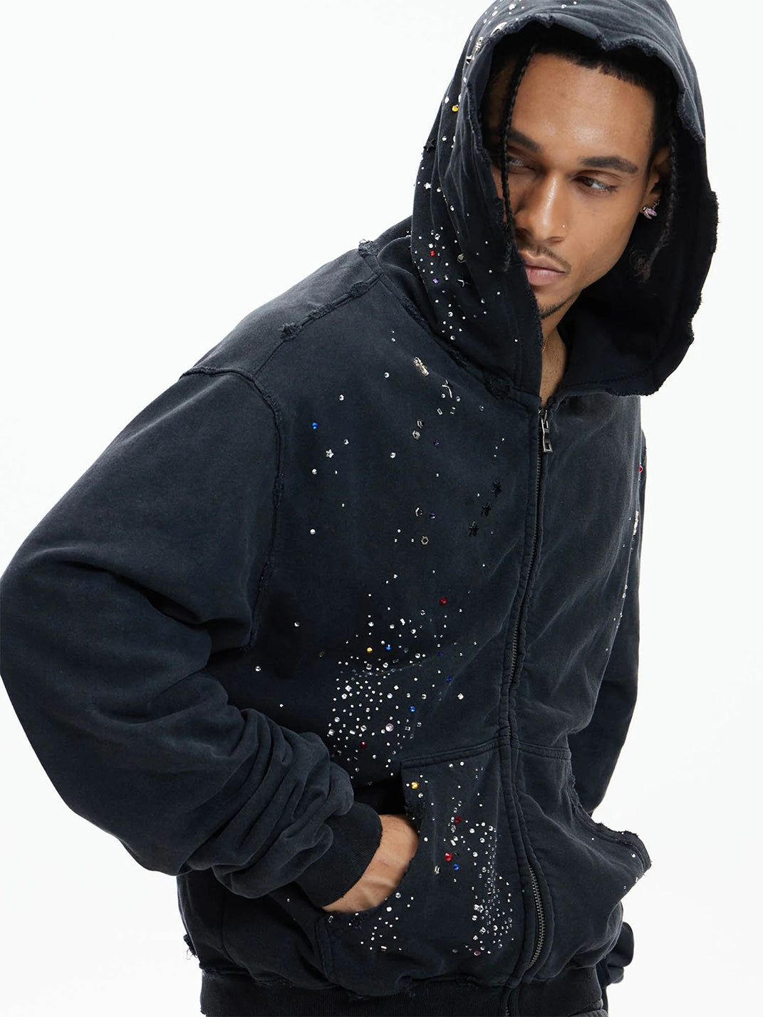 Colorful rhinestone hoodie hood up — sparkle stud detail on washed black fleece