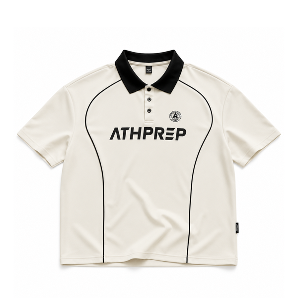 White polo shirt with black accents and 'ATHPREP' logo on a white background