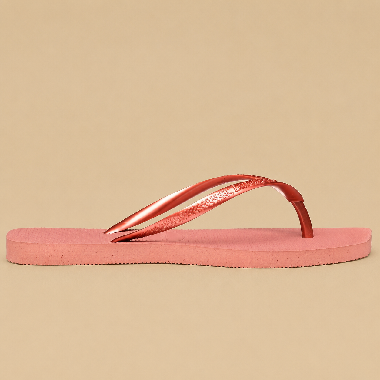 Slim strap detail — rose pink flip flop side