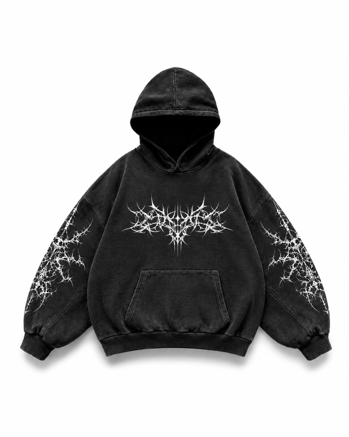 A black washed hoodie featuring a white thorny graphic logo across the chest and matching white thorny patterns printed down both sleeves, displayed against a plain white background.