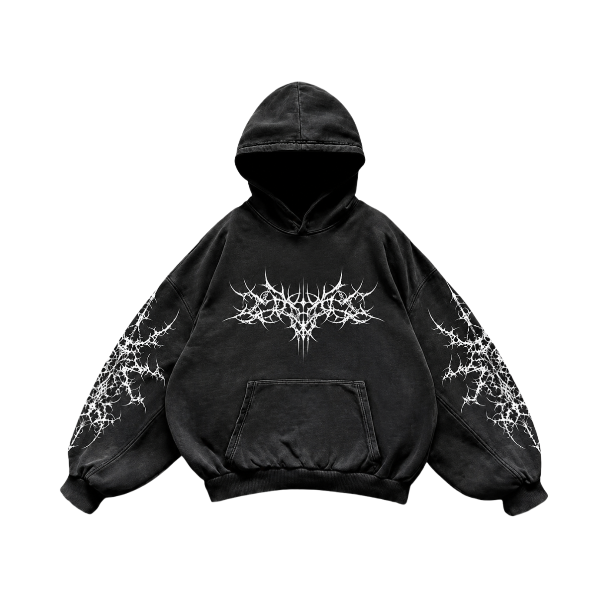Black hoodie with white abstract designs on sleeves and chest on a white background