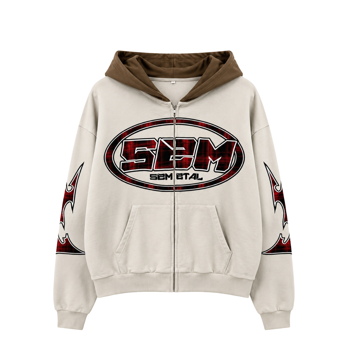Beige hoodie with red and black 'SFM' logo on a white background