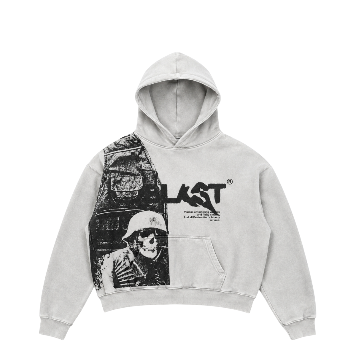 Gray hoodie with graphic design on a white background