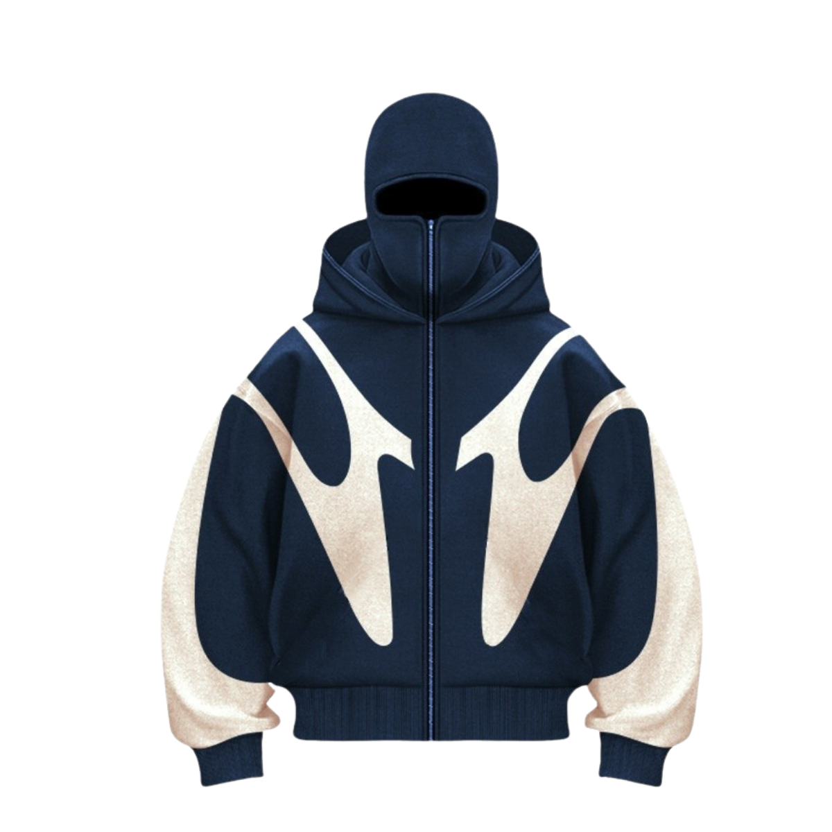 Navy and beige hoodie with unique design on a white background