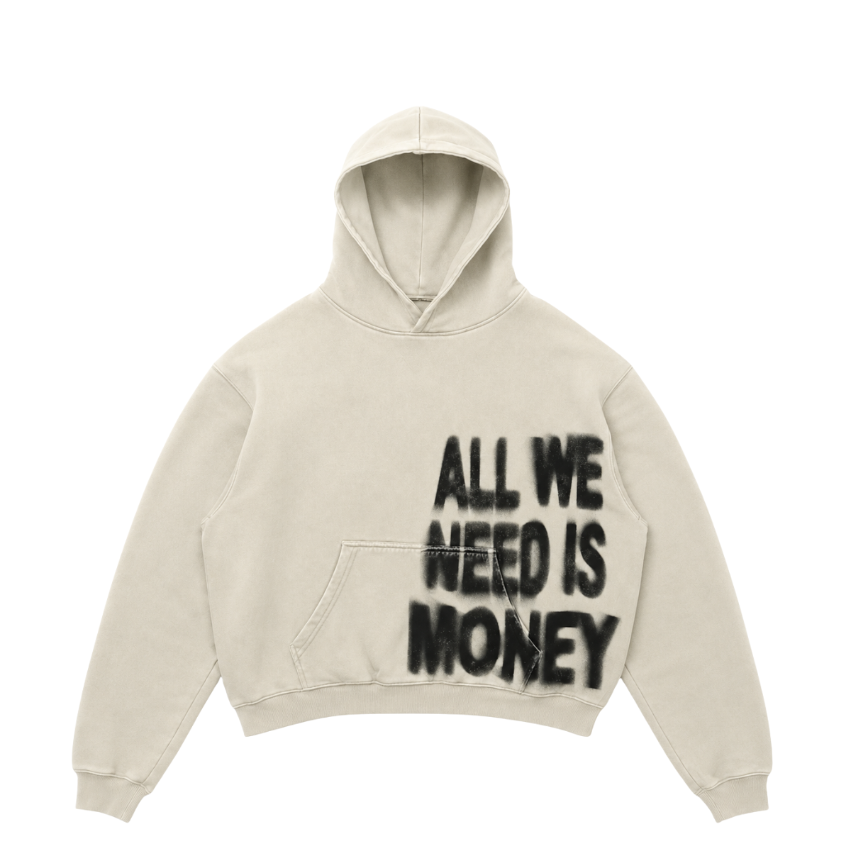 Beige hoodie with text 'All We Need Is Money' on a white background