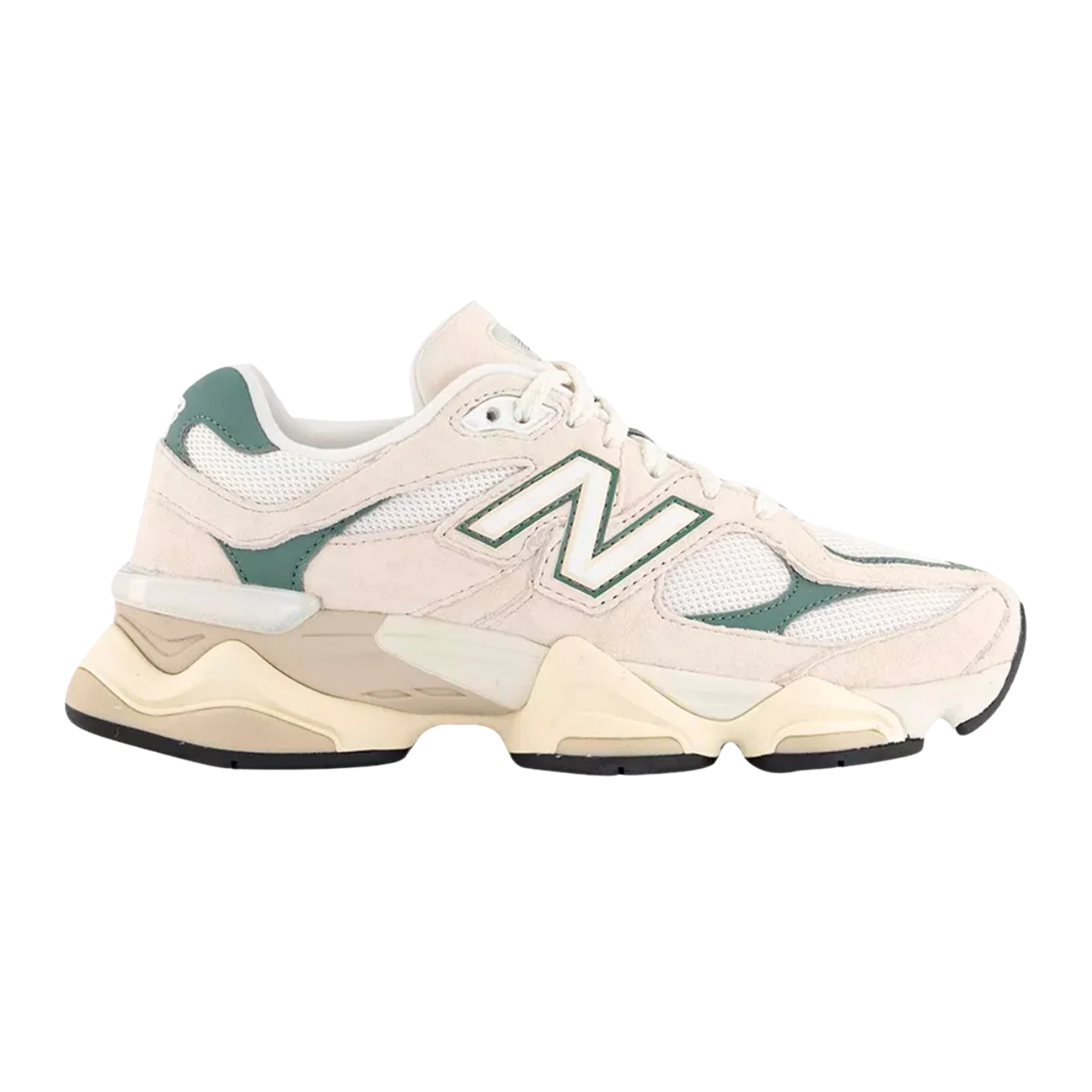 A New Balance sneaker in a light cream and beige colorway with sage green accents on the heel, collar, and side logo, shown from a side profile on a white background.