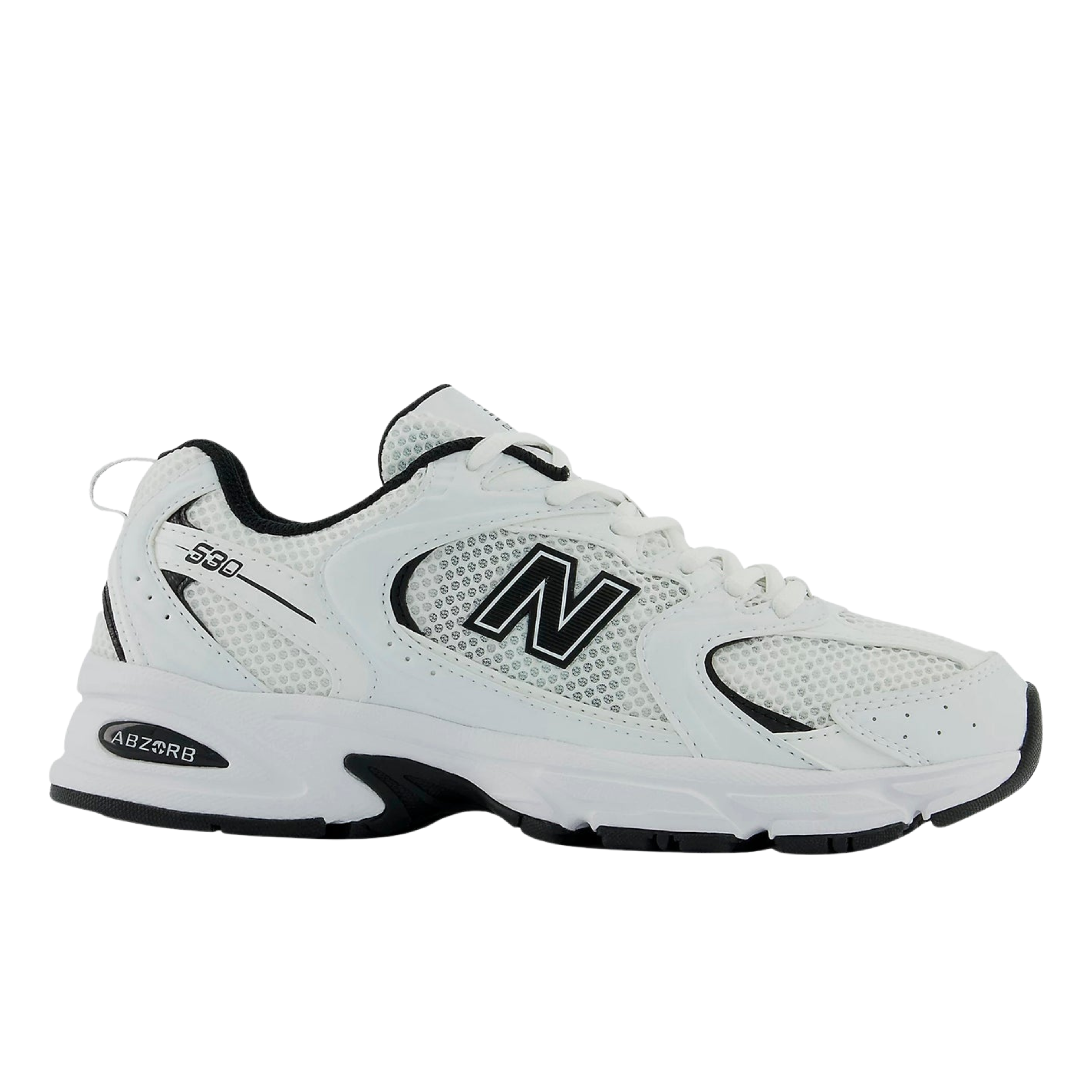 White athletic shoe with black accents on a white background