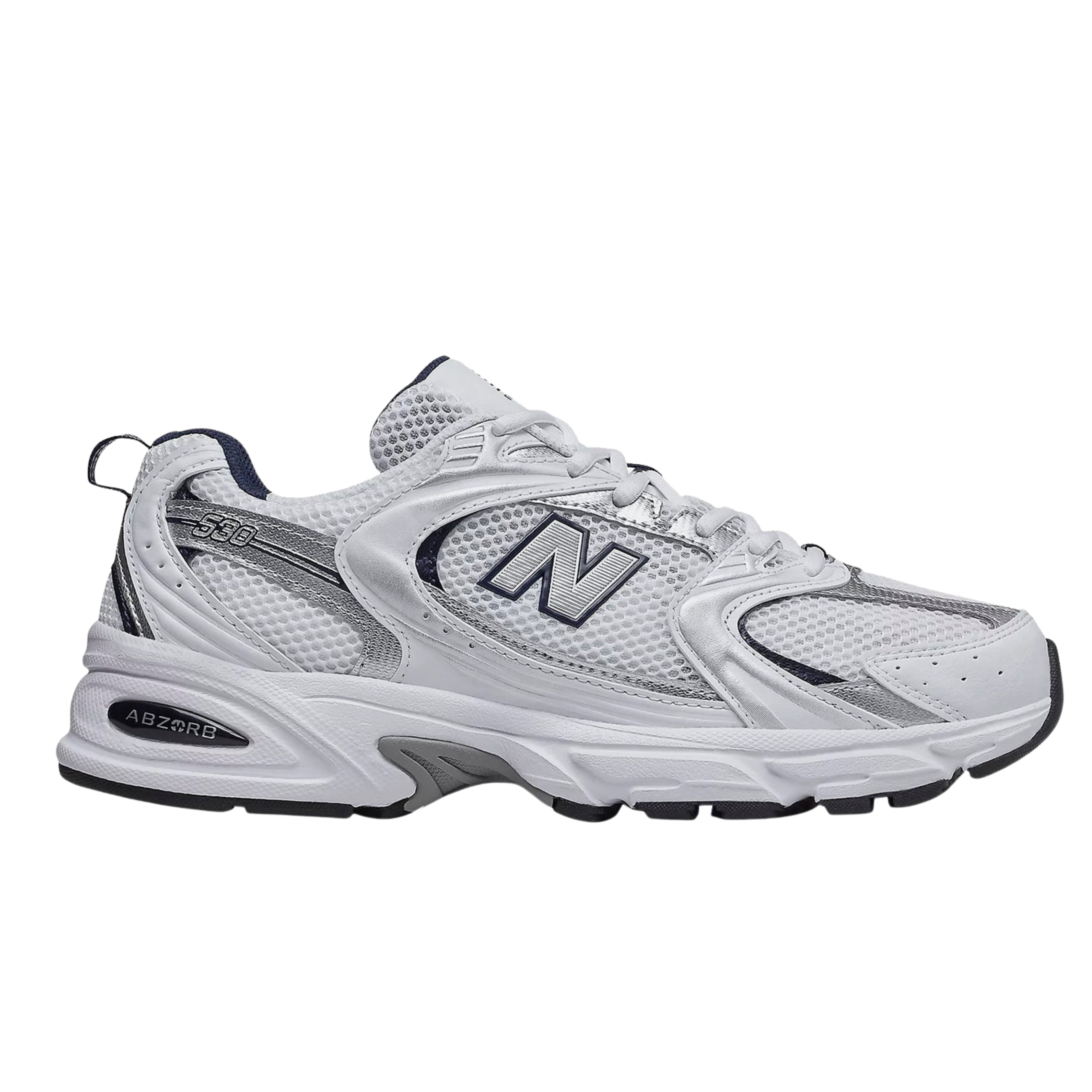 A New Balance 574 sneaker in white and silver with dark navy accents, shown from a side profile view against a plain white background.