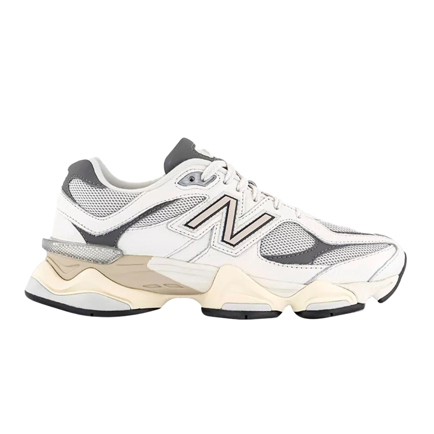 A New Balance sneaker in white, gray, and beige, shown from a side profile view against a plain white background.