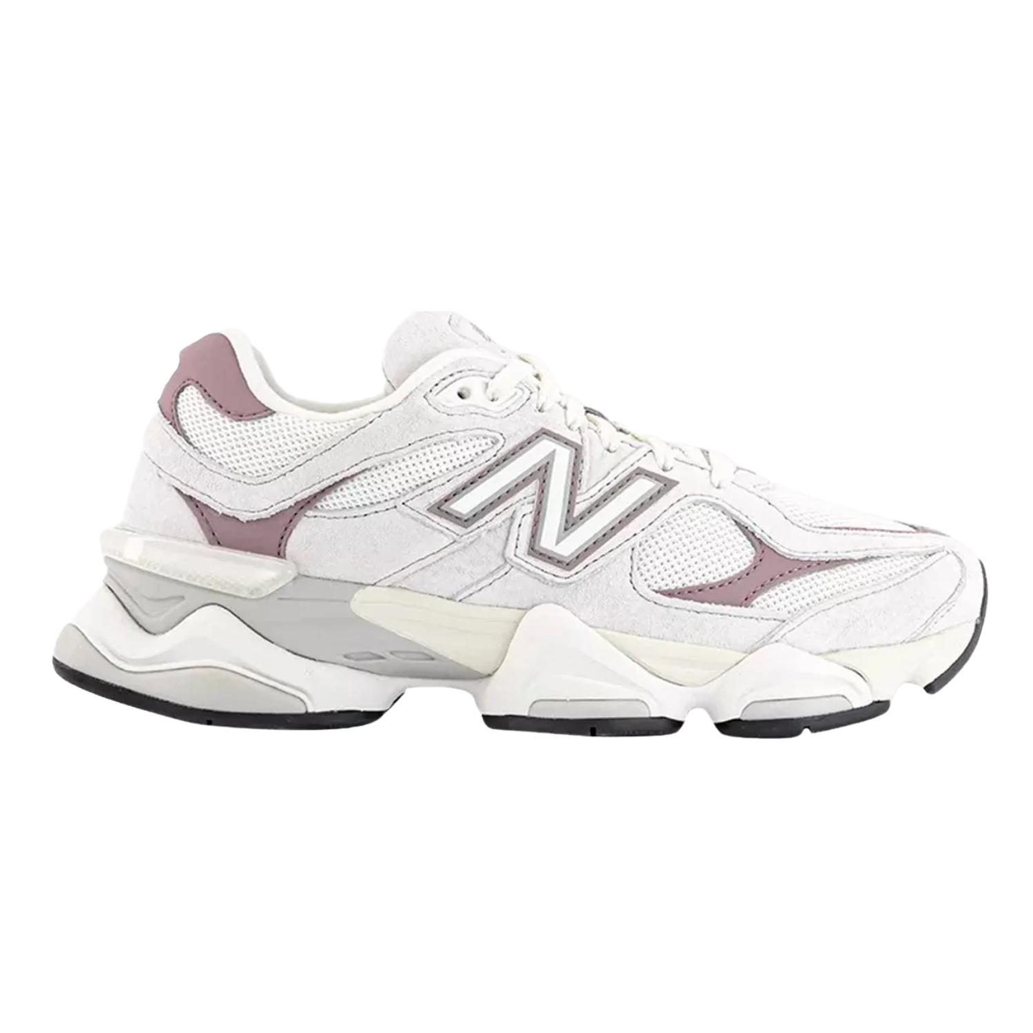 A white New Balance sneaker with dusty pink accents and a chunky white and gray sole, shown from the side on a plain white background.