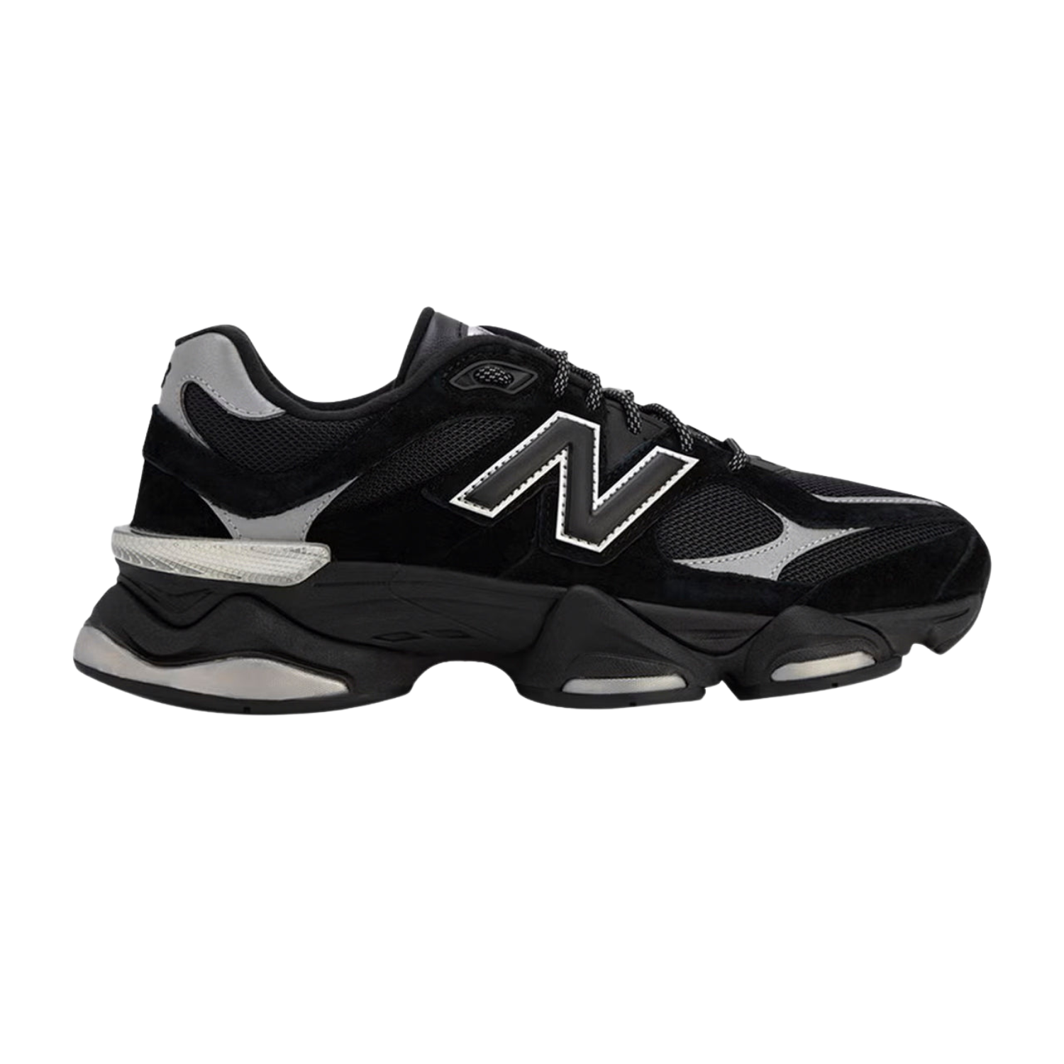 A black New Balance sneaker with gray mesh panels and a prominent white outlined 'N' logo on the side, shown in profile against a plain white background.