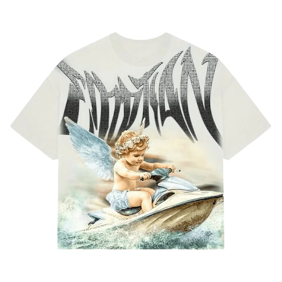 Mixed Emotion rhinestone tee for men featuring angel on a jetski graphic in cream fabric