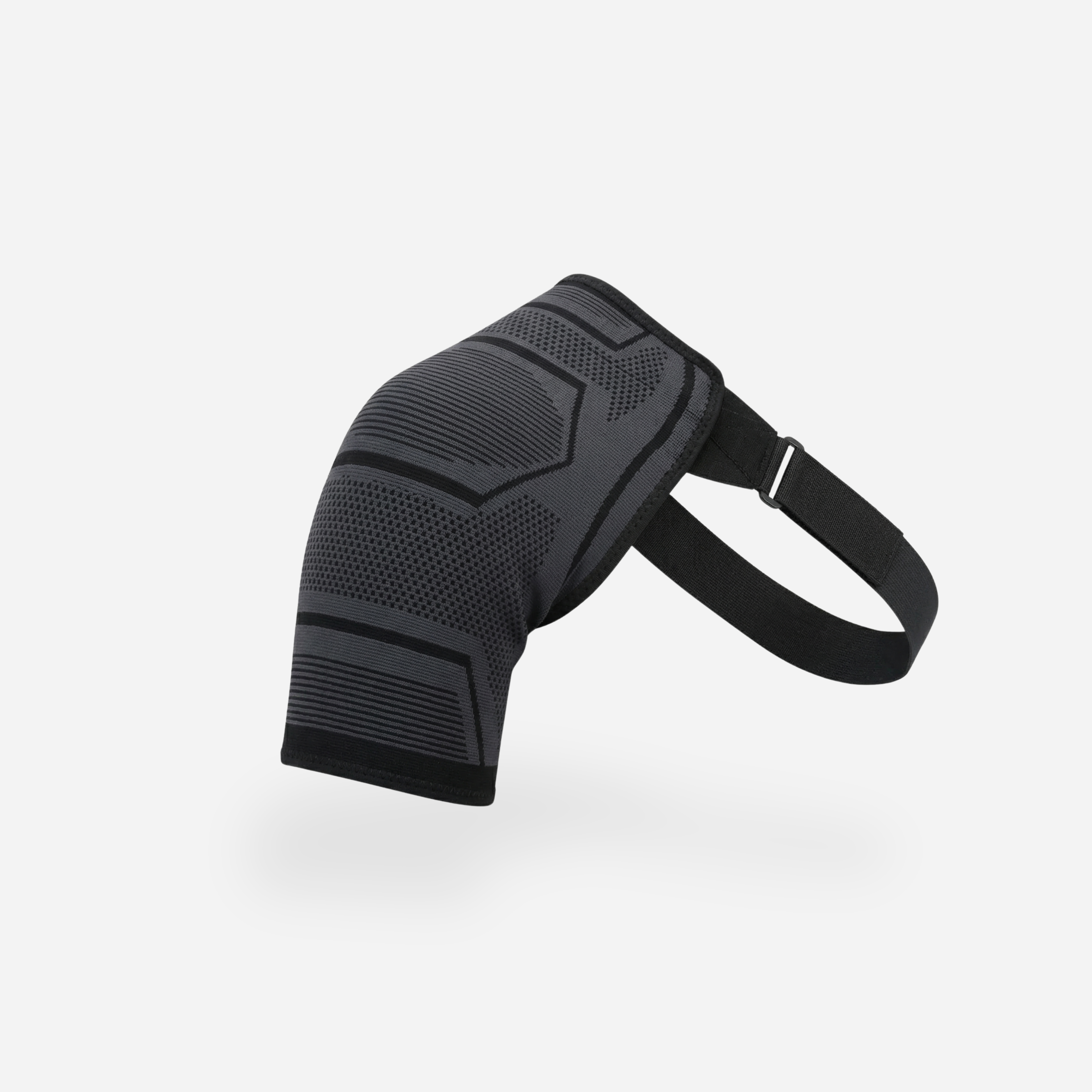 Black protective knee pad with a strap on a white background