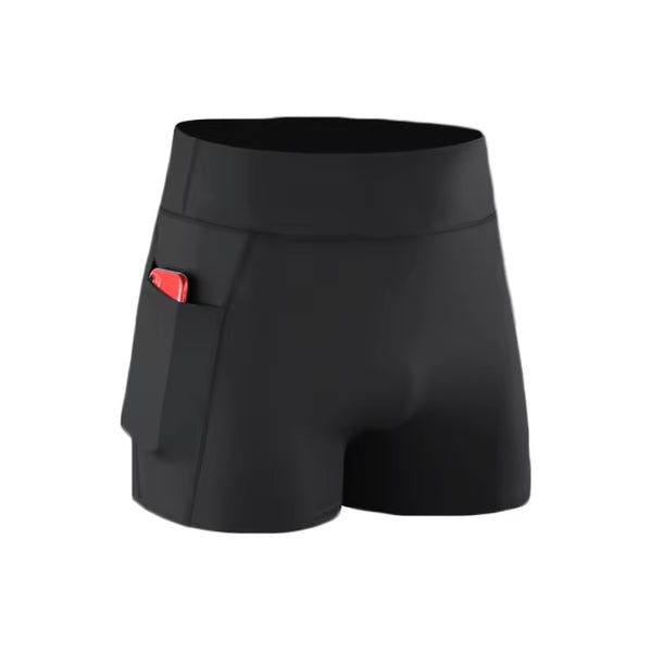 Black athletic shorts with a red pocket on a white background