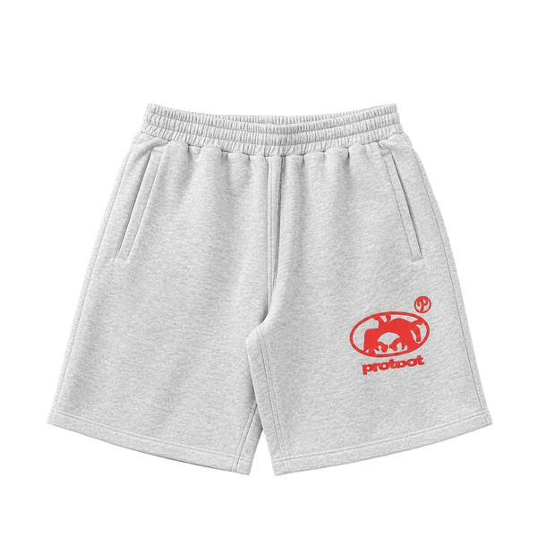 Gray shorts with a red logo on a white background