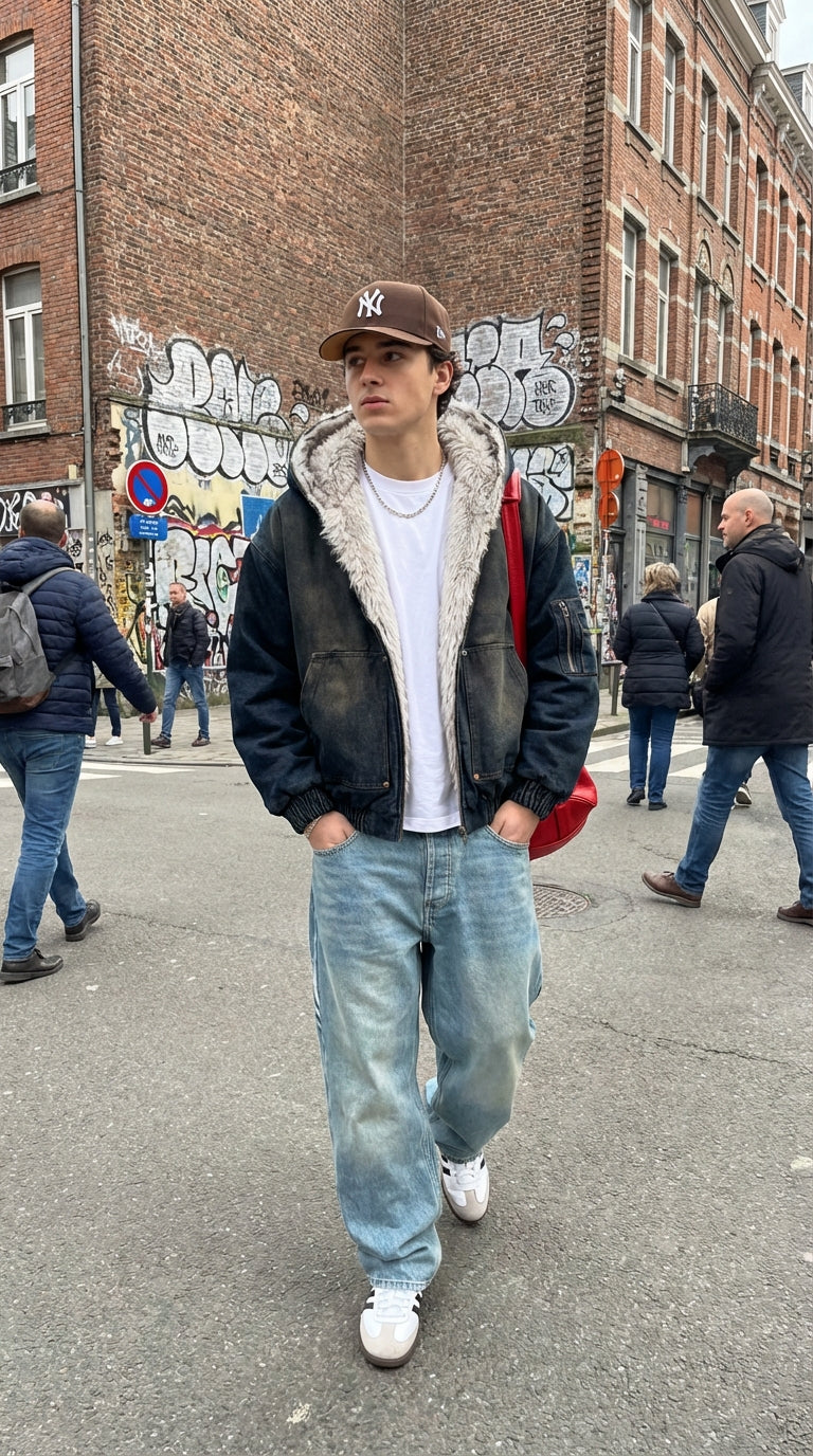Mens sherpa denim jacket styled on the street with baggy jeans and cap