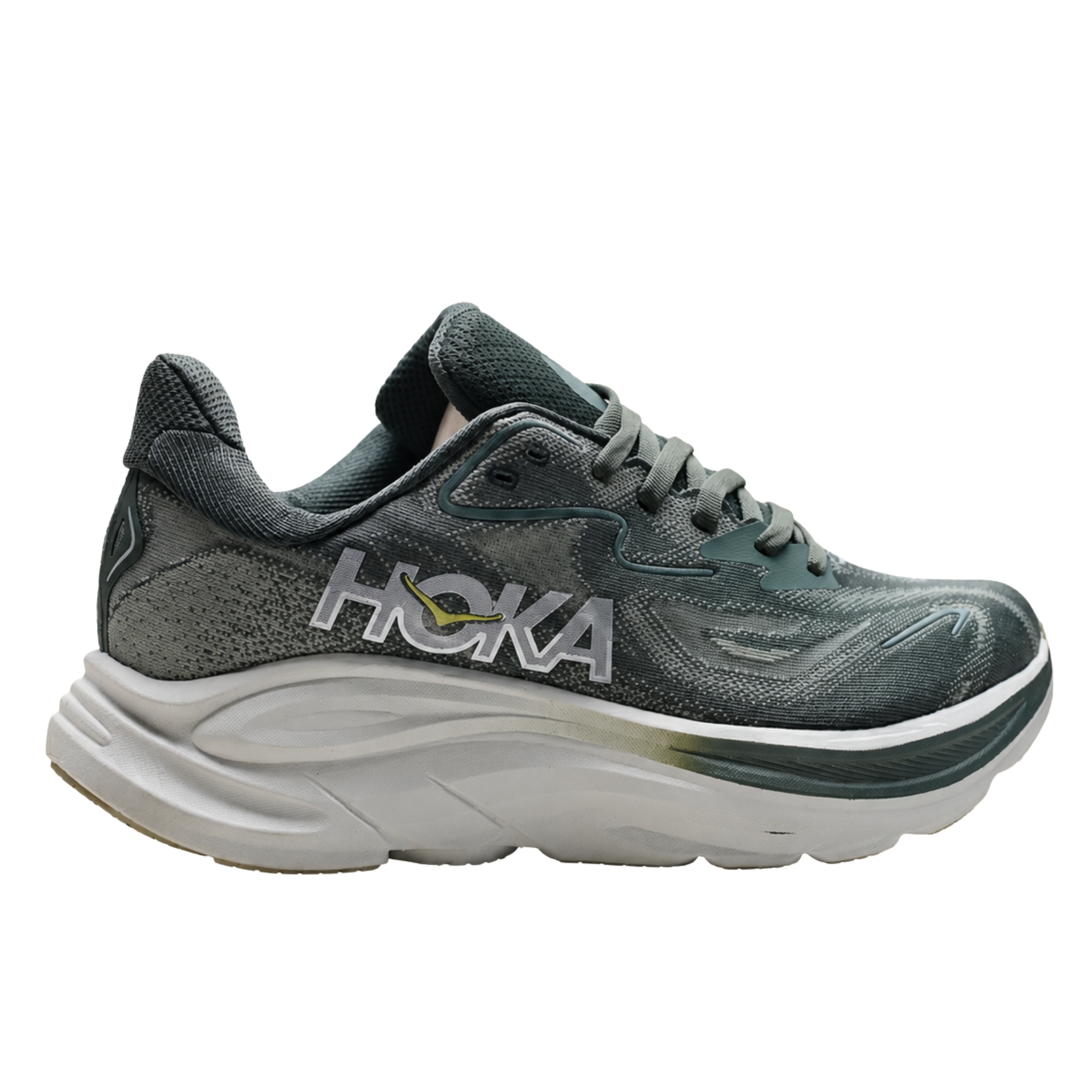 Hoka Clifton 10 womens running shoes in Olive Grey — lightweight daily trainer, side view