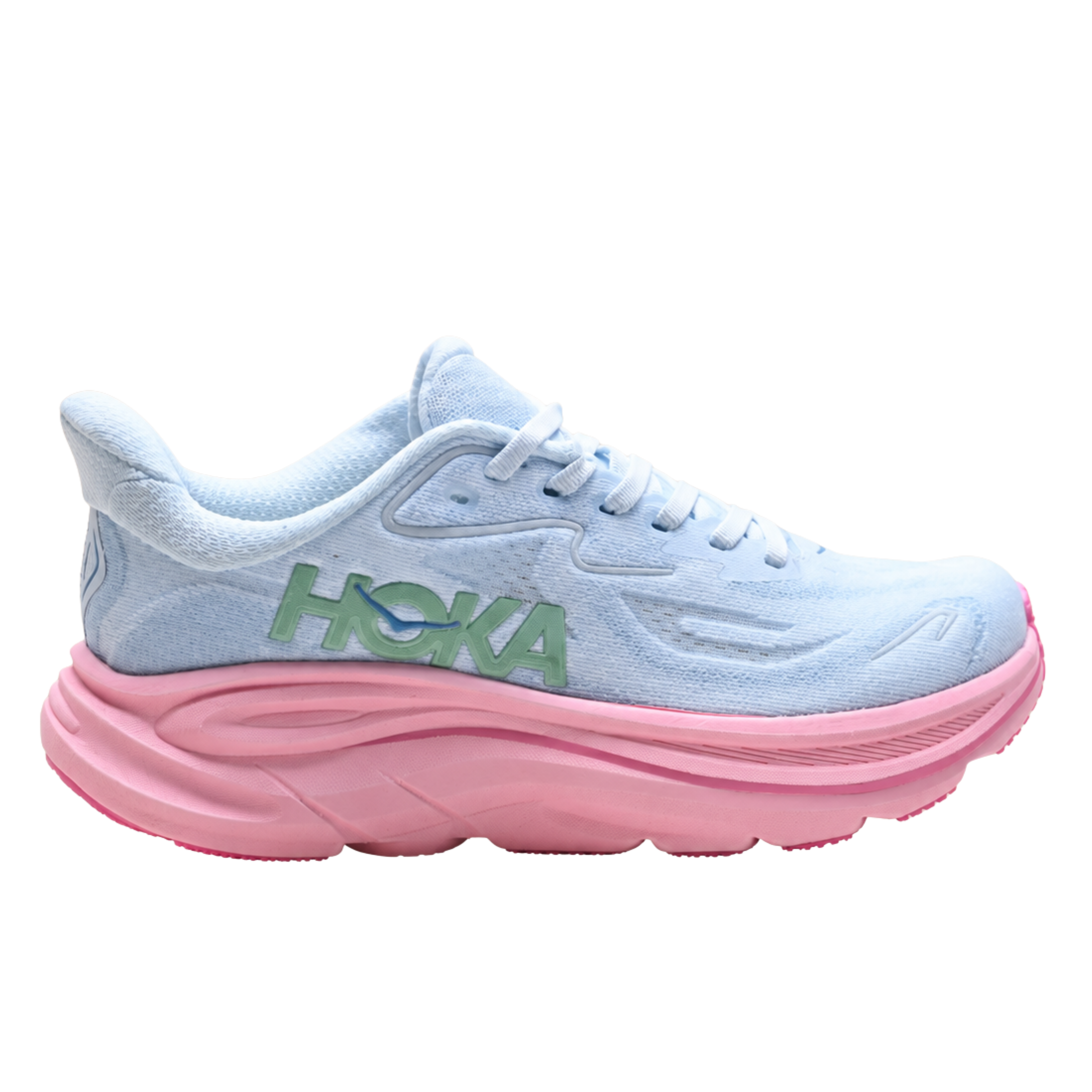 Hoka Clifton 10 womens running shoes in Powder Blue Pink — lightweight daily trainer, side view