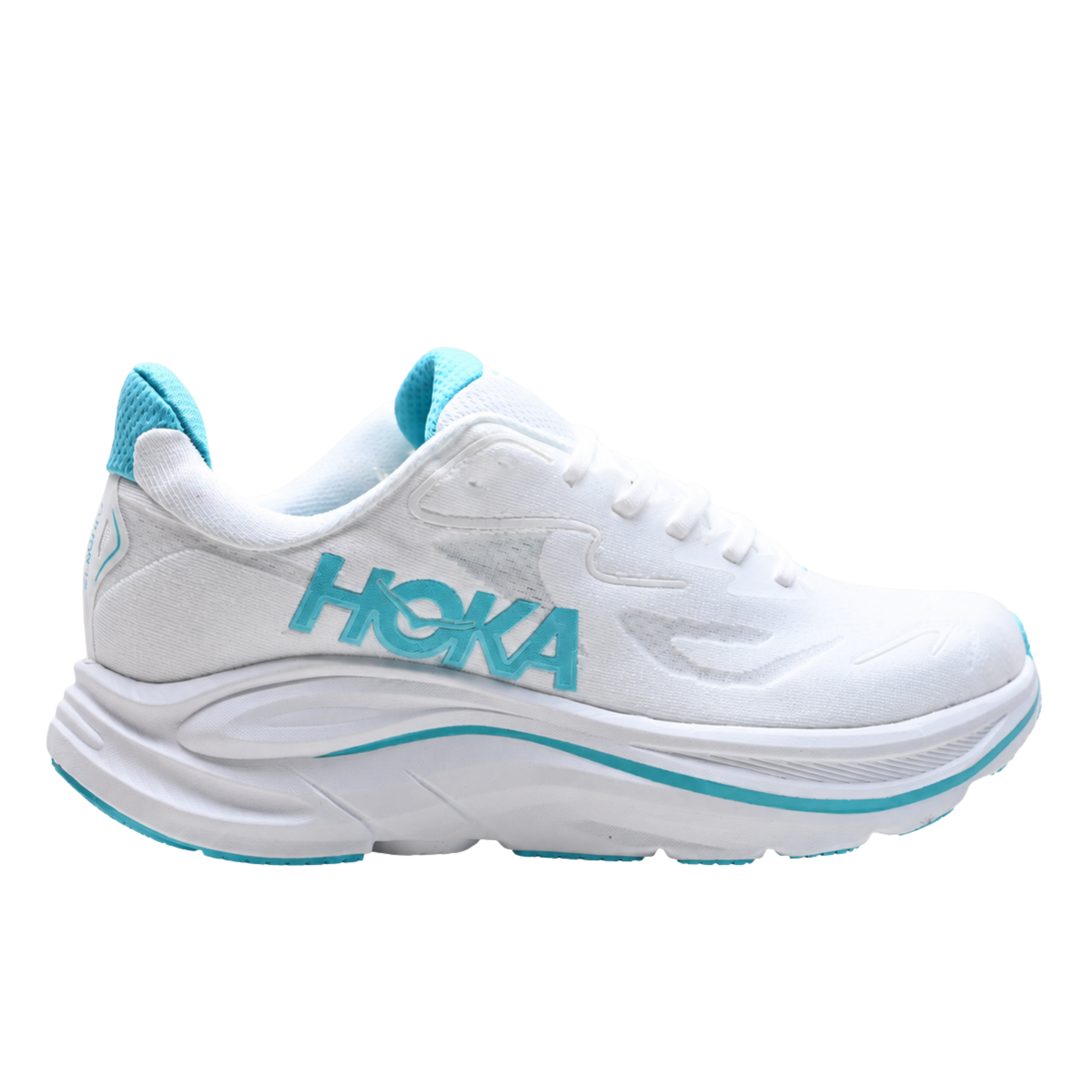 Hoka Clifton 10 womens running shoes in White Aqua — lightweight daily trainer, side view