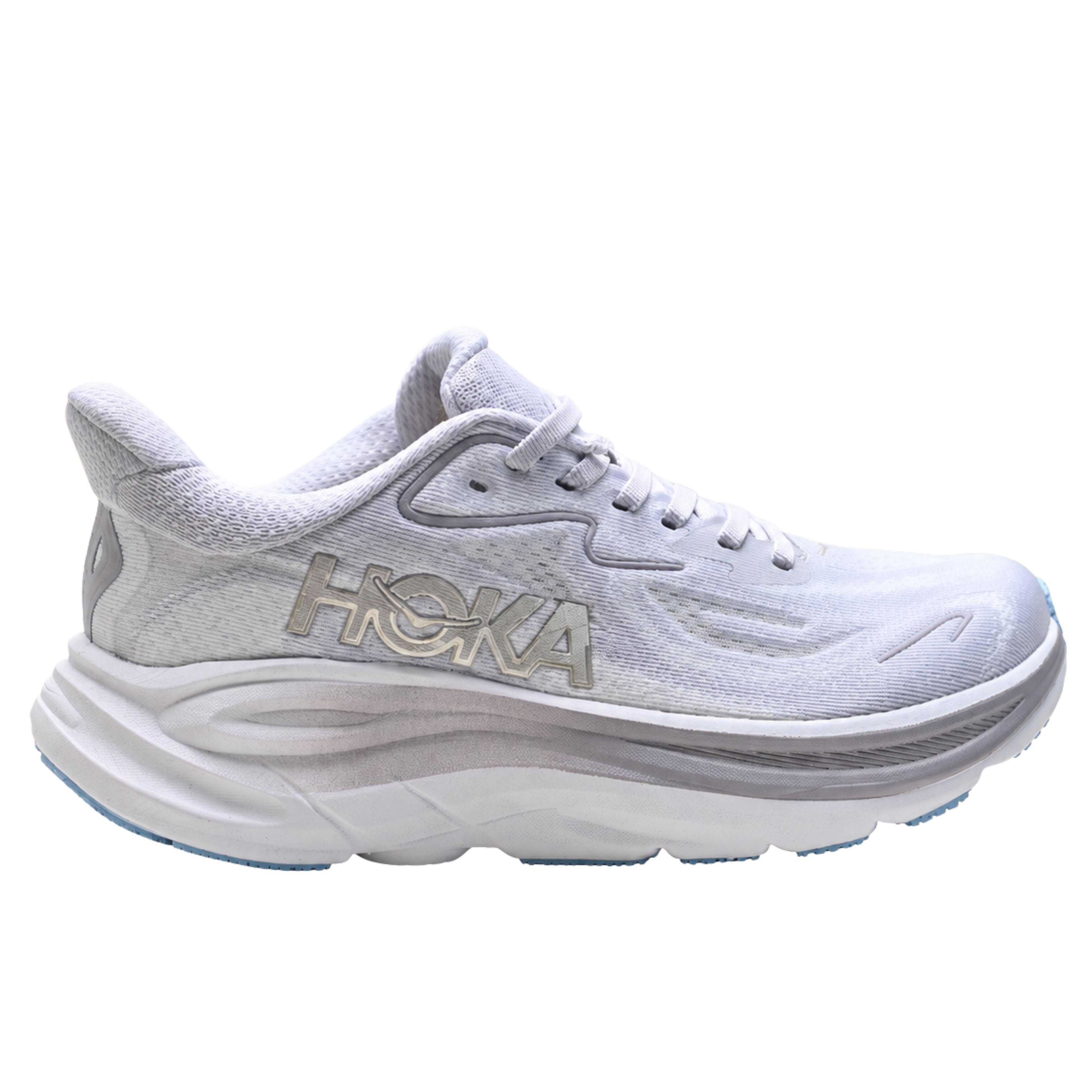 Hoka Clifton 10 womens running shoes in White Silver — lightweight daily trainer, side view