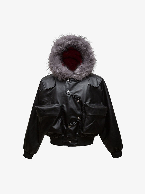 Deconstructed Multi Pocket Fur Hooded PU Leather Jacket — Leather jackets | Pheuw®