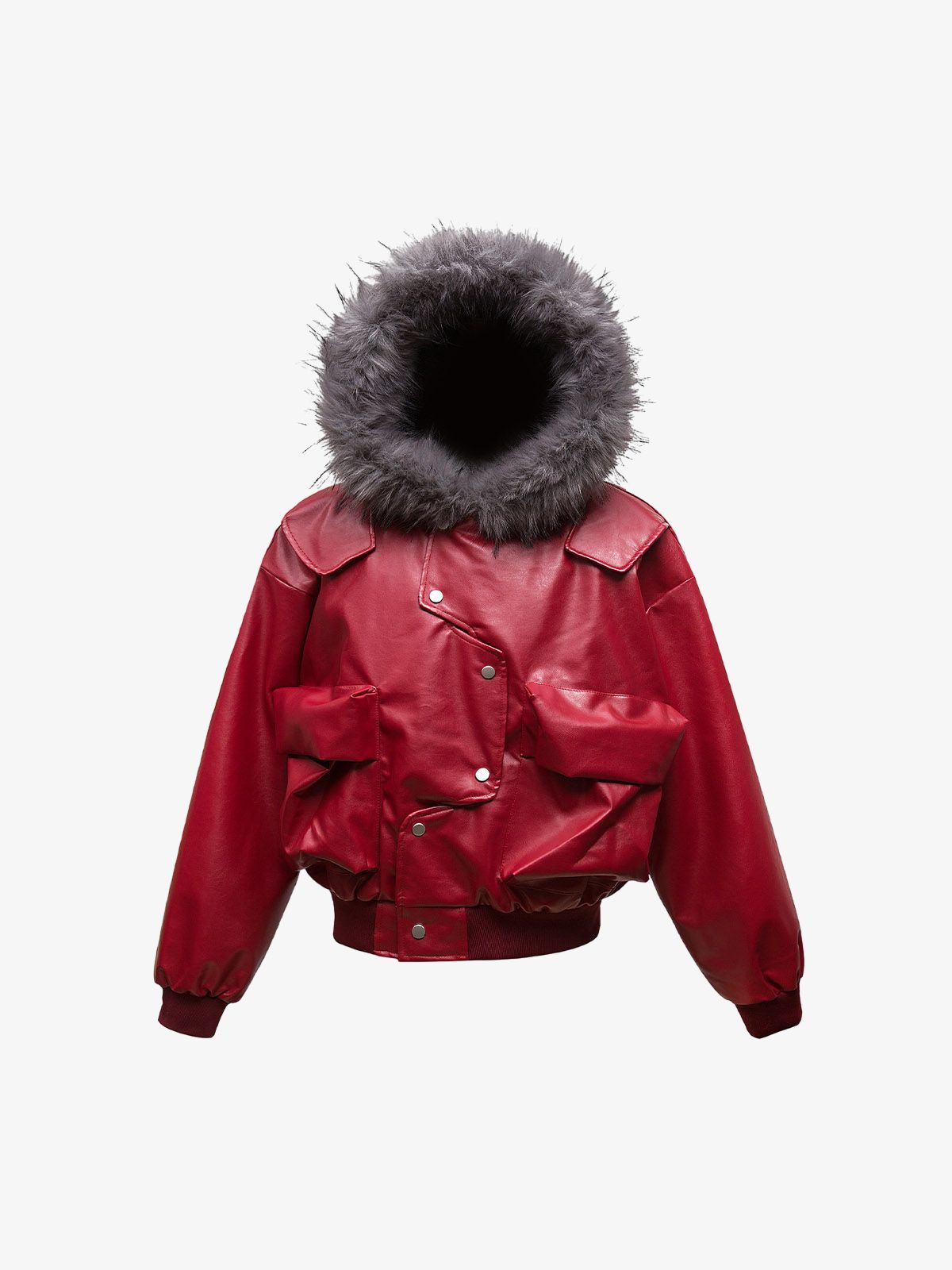 Deconstructed Multi Pocket Fur Hooded PU Leather Jacket - 2566