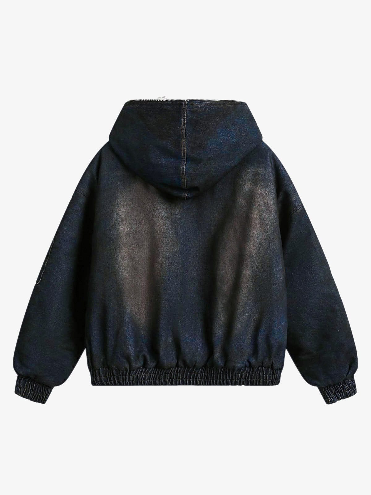 Washed deep blue denim jacket — back view flat lay