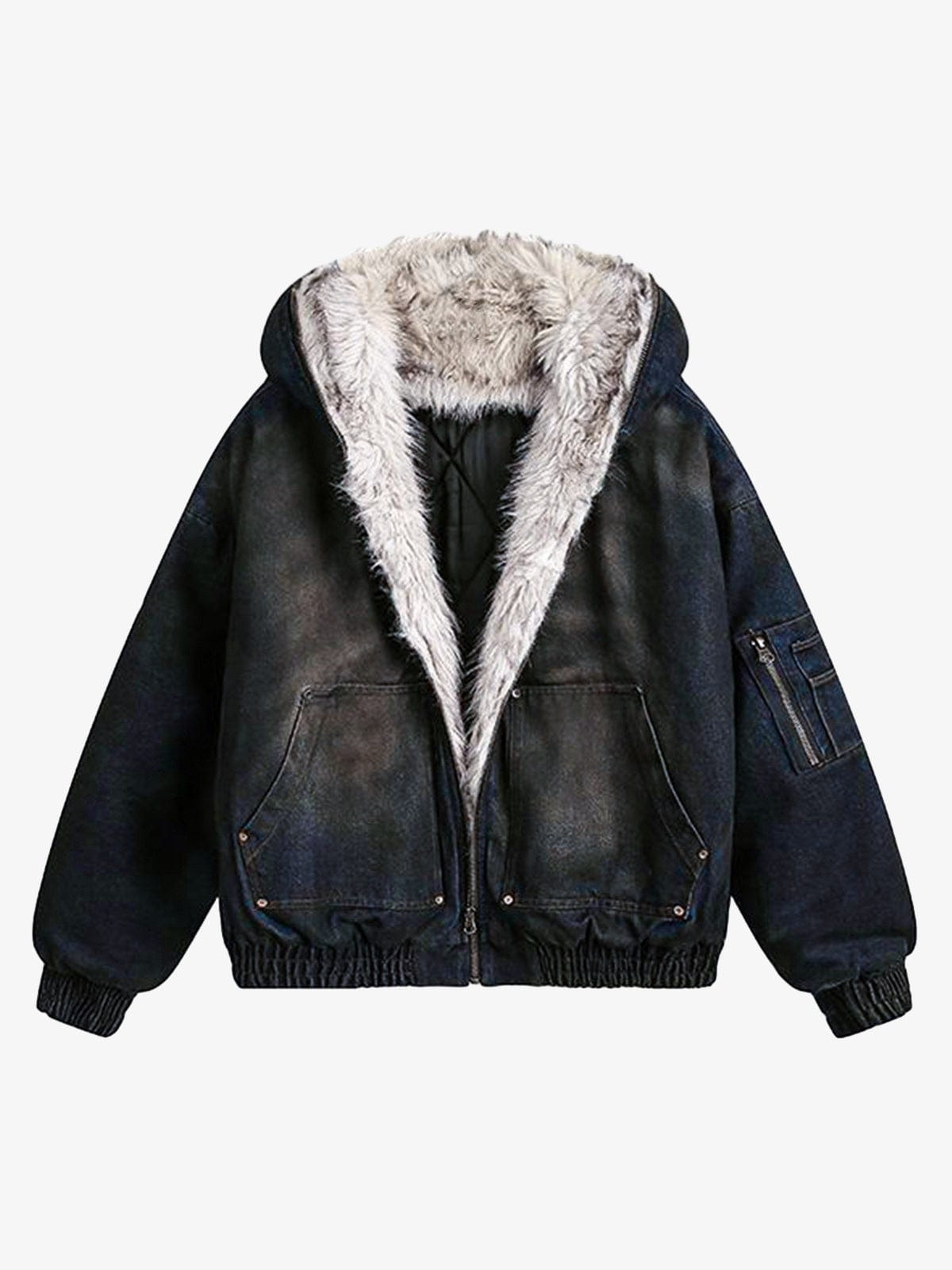 Fur lined denim jacket for men — washed deep blue hooded denim jacket with sherpa lining | Pheuw®