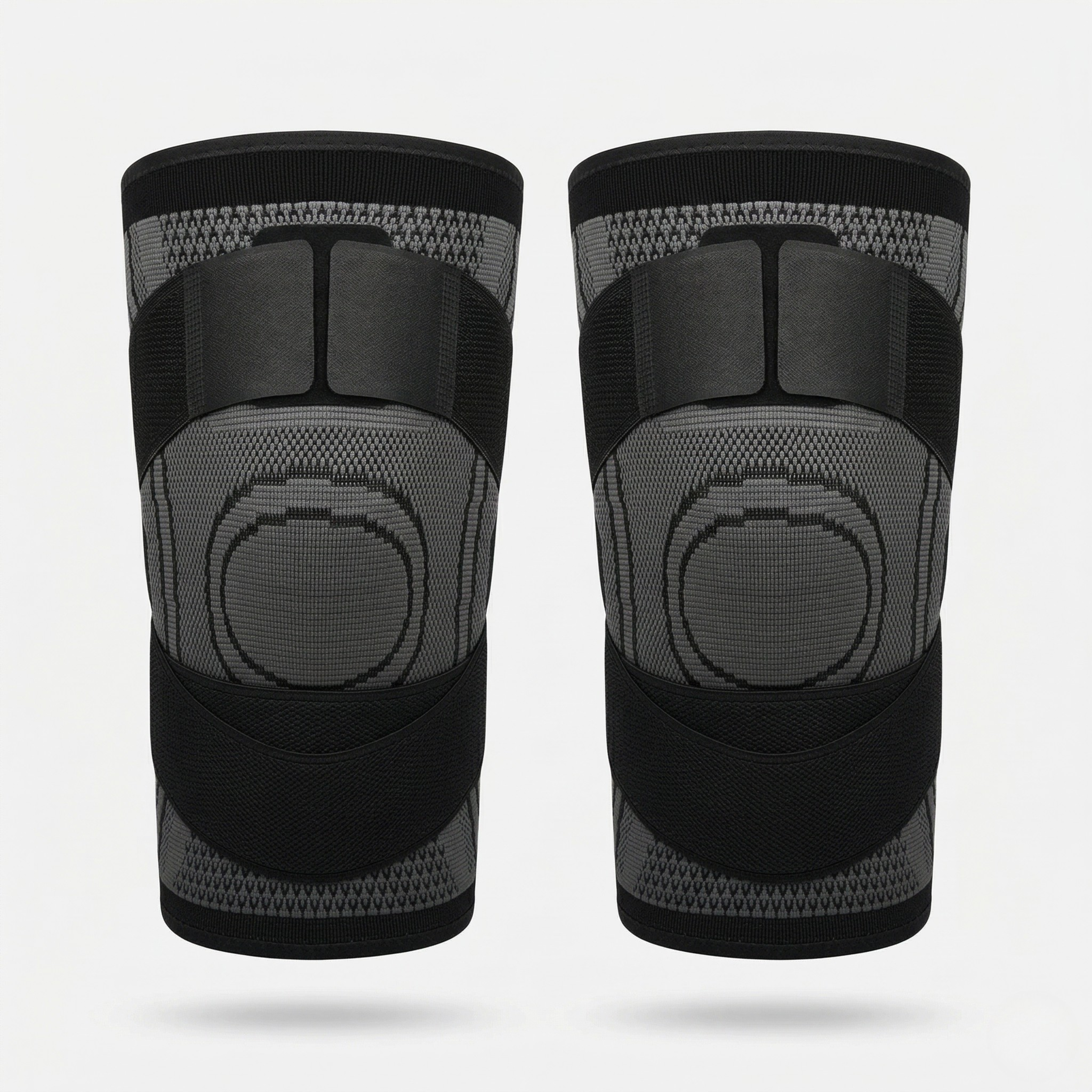 Pair of black and gray knee sleeves on a white background