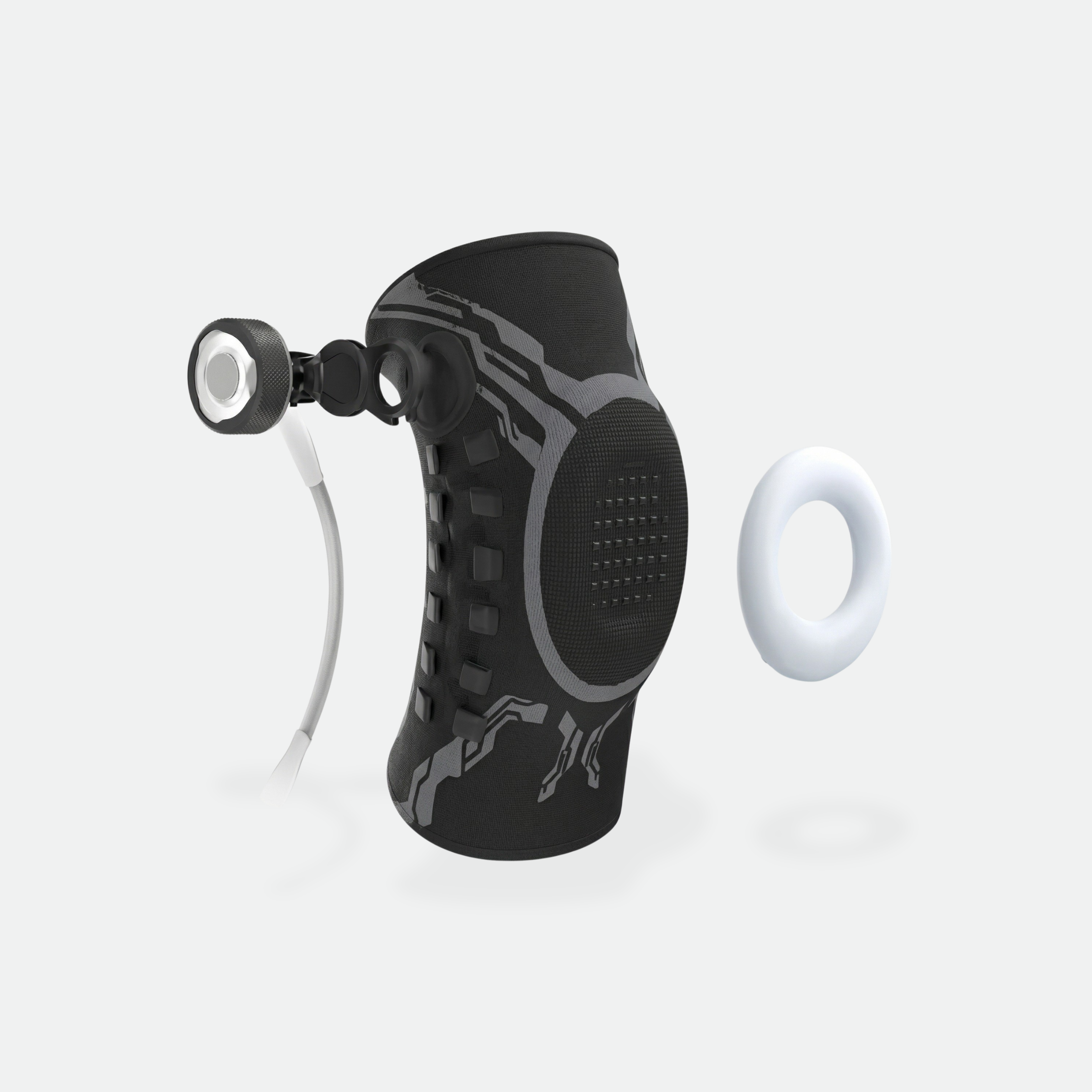 Black knee brace with gray patterns on a white background