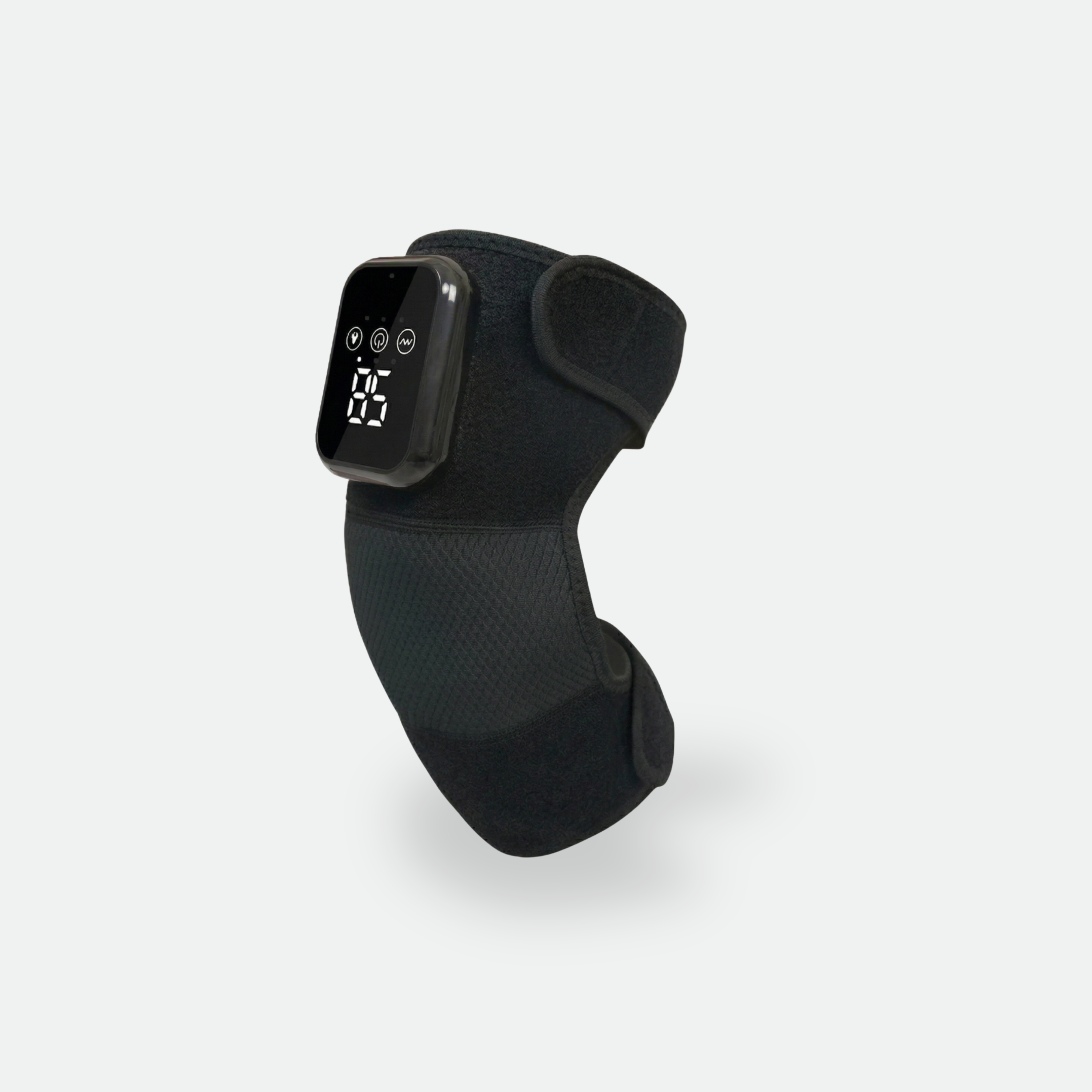 Black knee brace with digital display on a light gray background