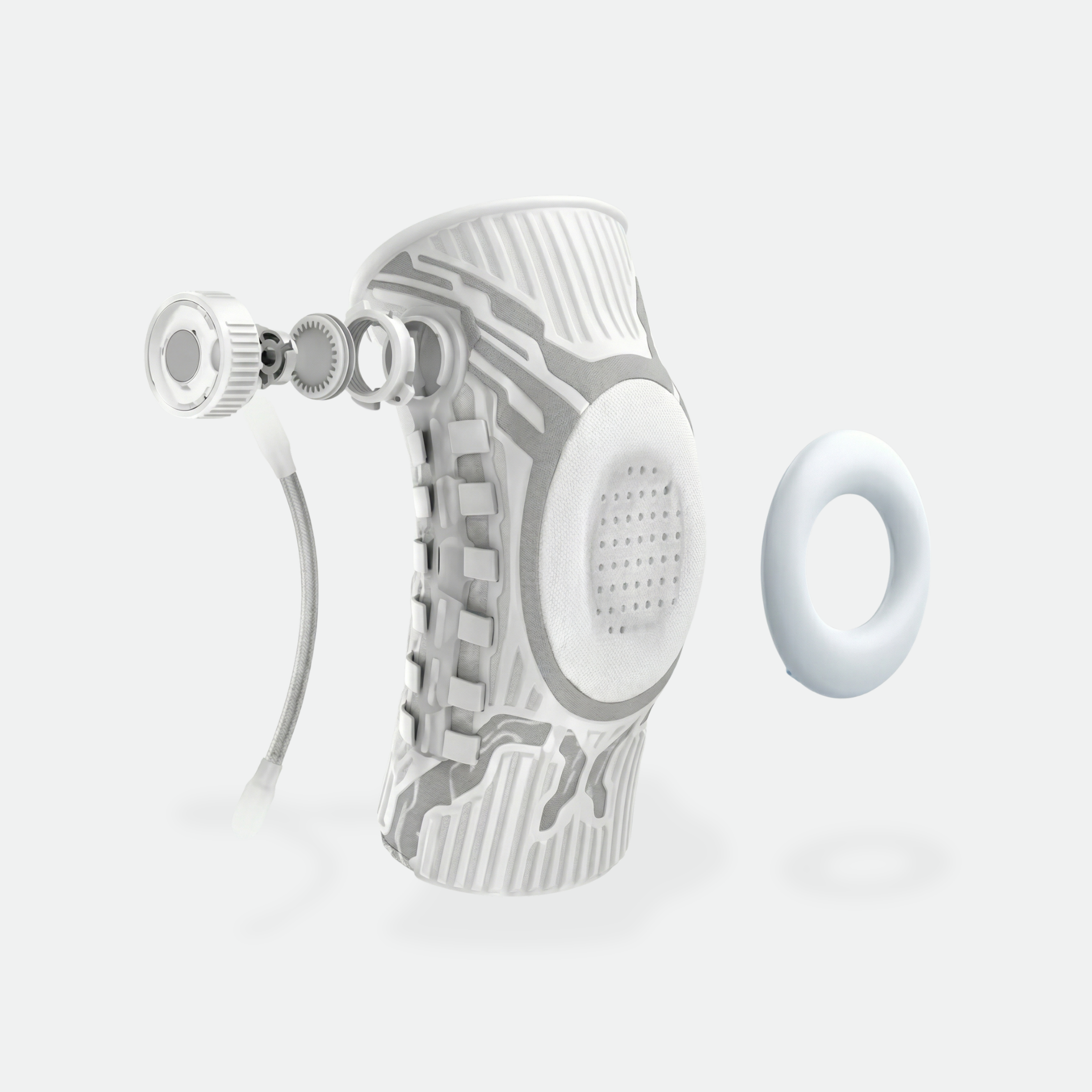 White hearing aid on a light gray background