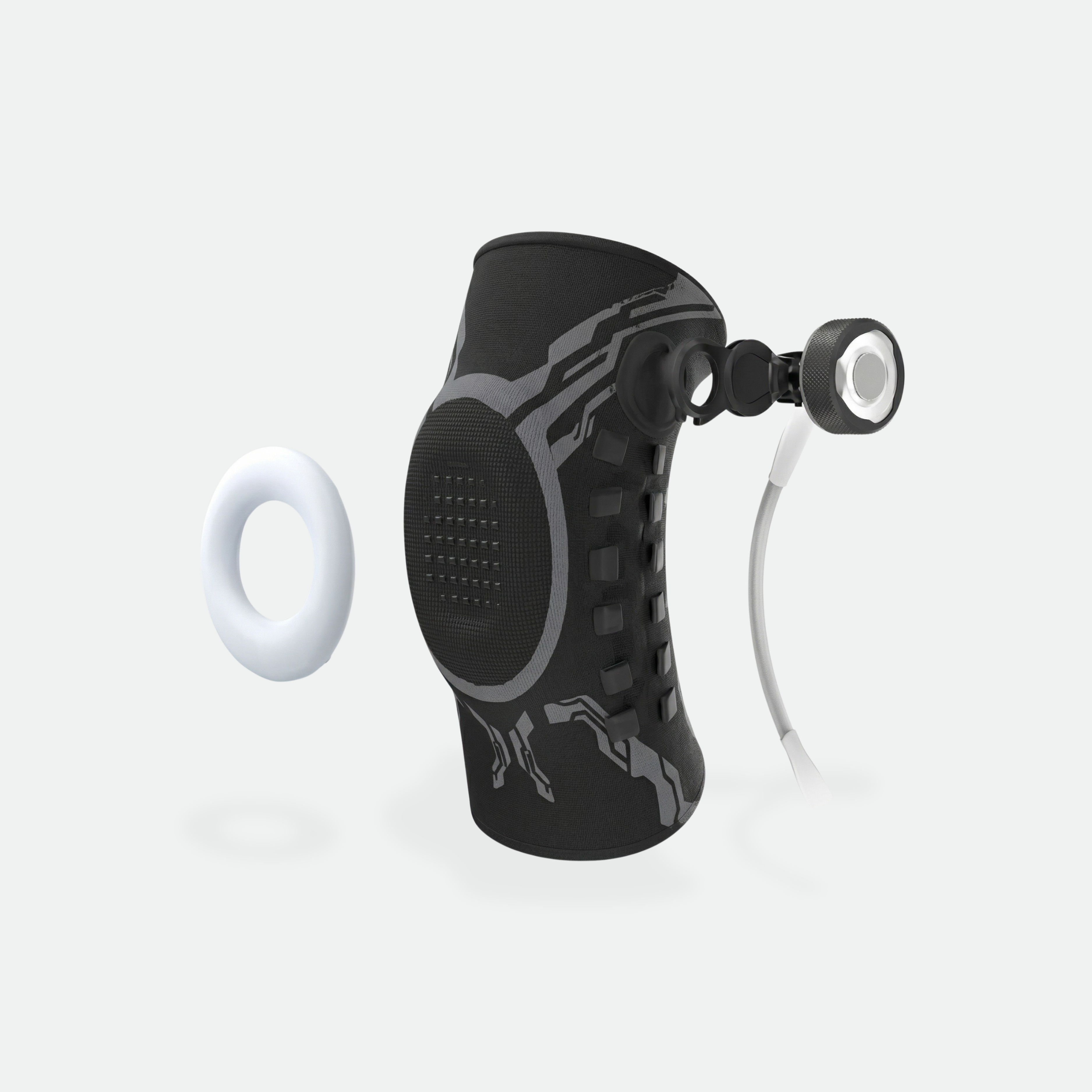 Black and gray earbud on a light gray background