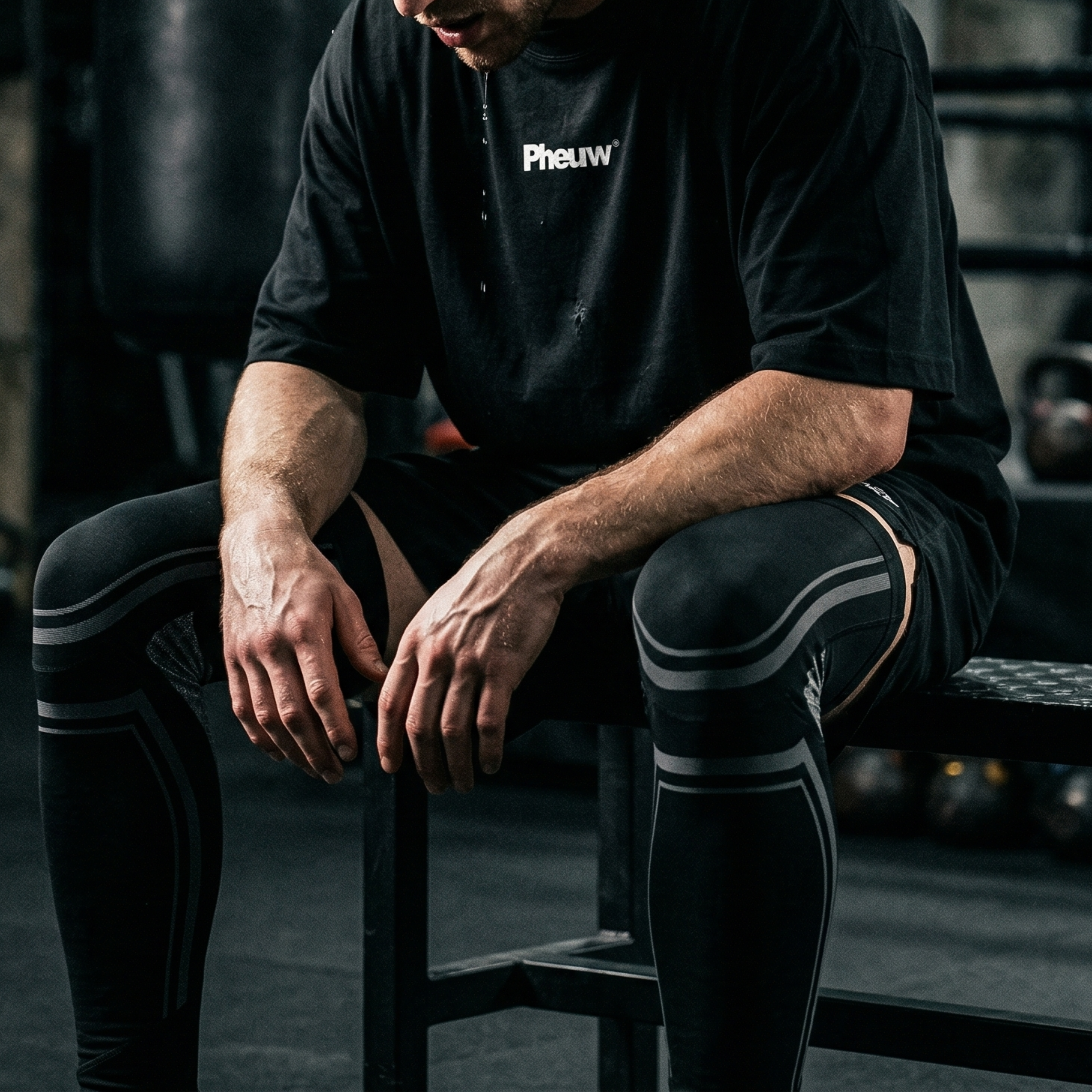 Person wearing black athletic leggings and a black shirt with 'Pheew' logo, sitting on a stool.