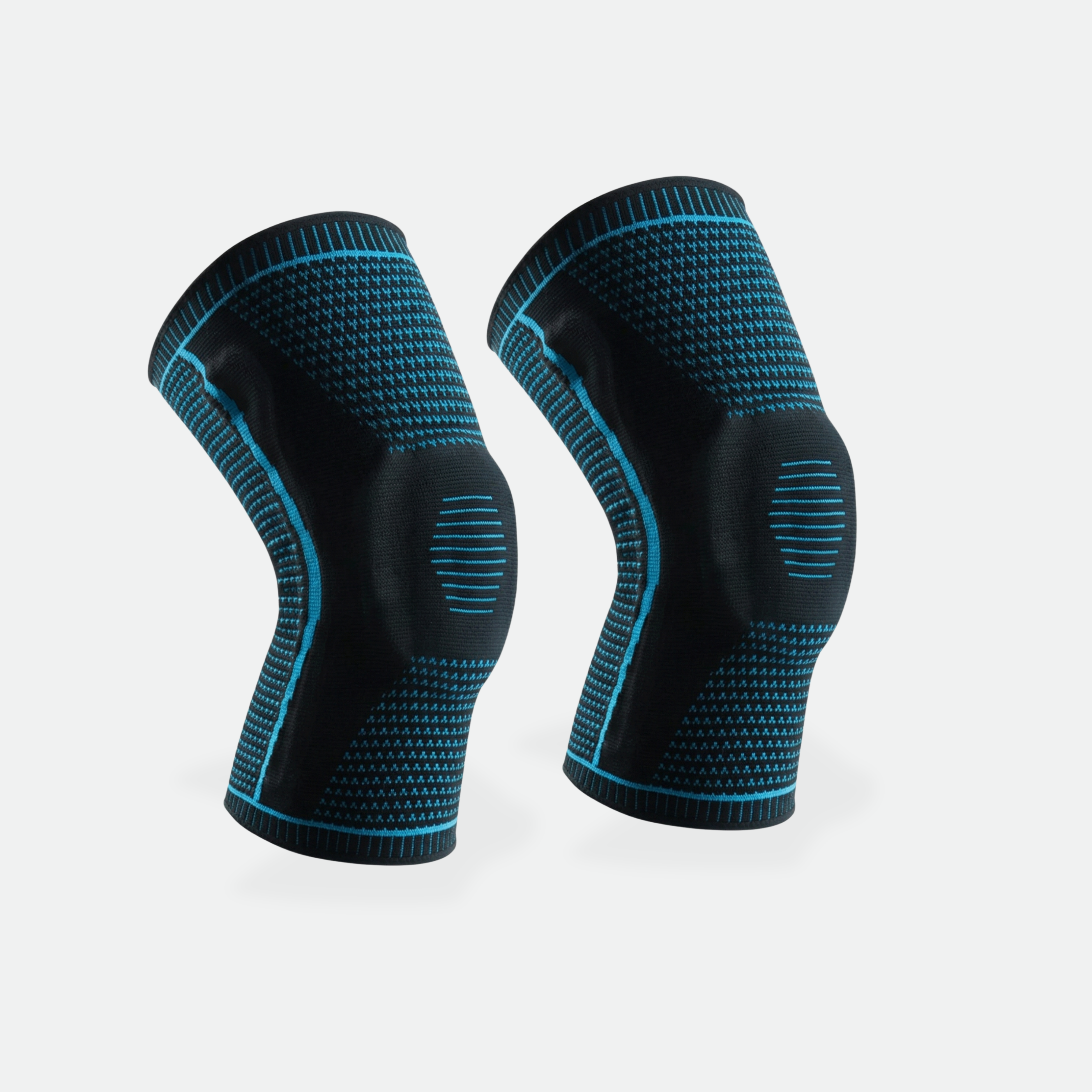 Pair of black and blue knee sleeves on a white background