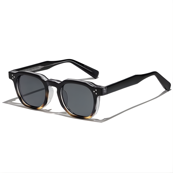 Sunglasses with tortoiseshell frame and dark lenses on a white background